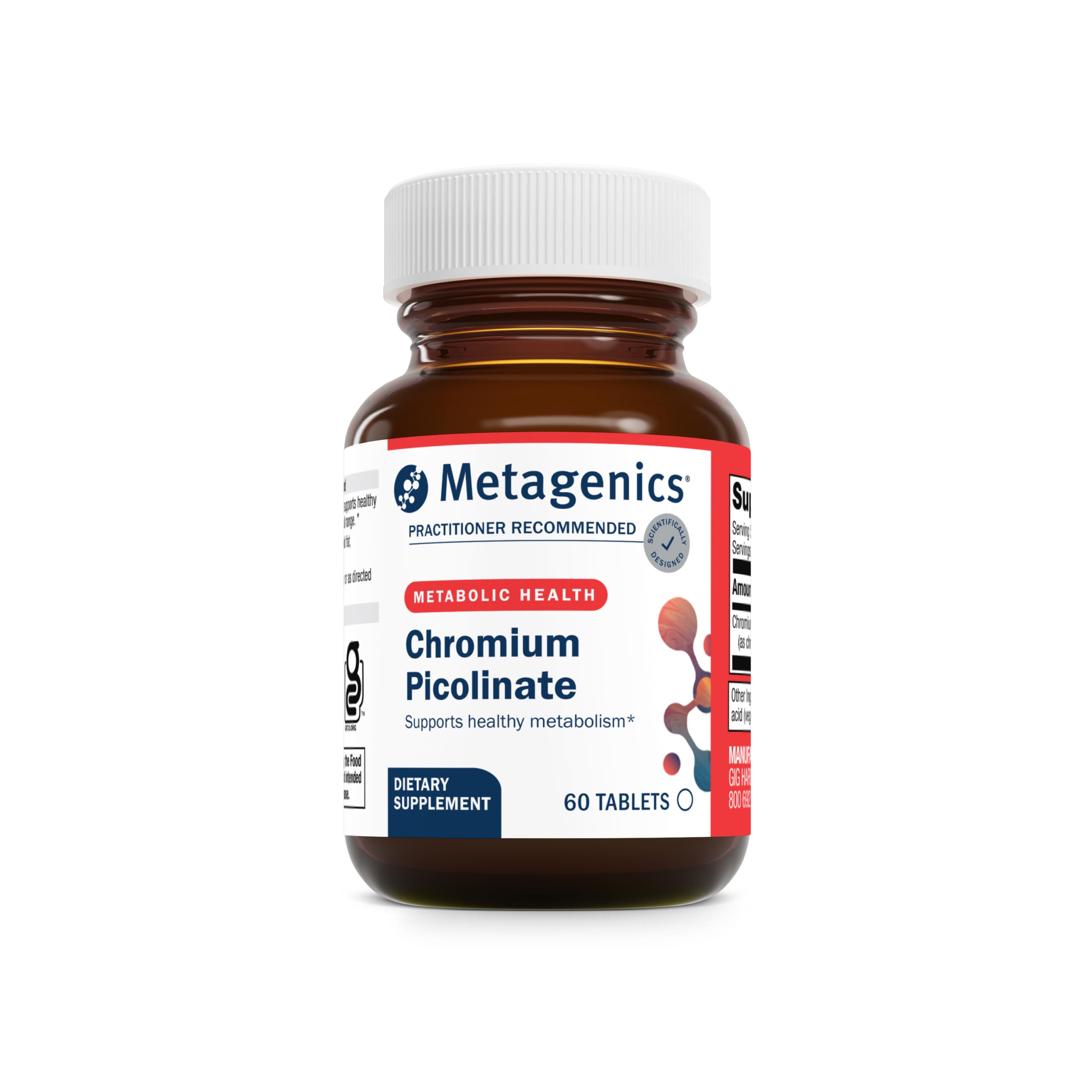 Metagenics cromo picolinato, tabletas frente, posible apoyo al metabolismo de carbohidratos.