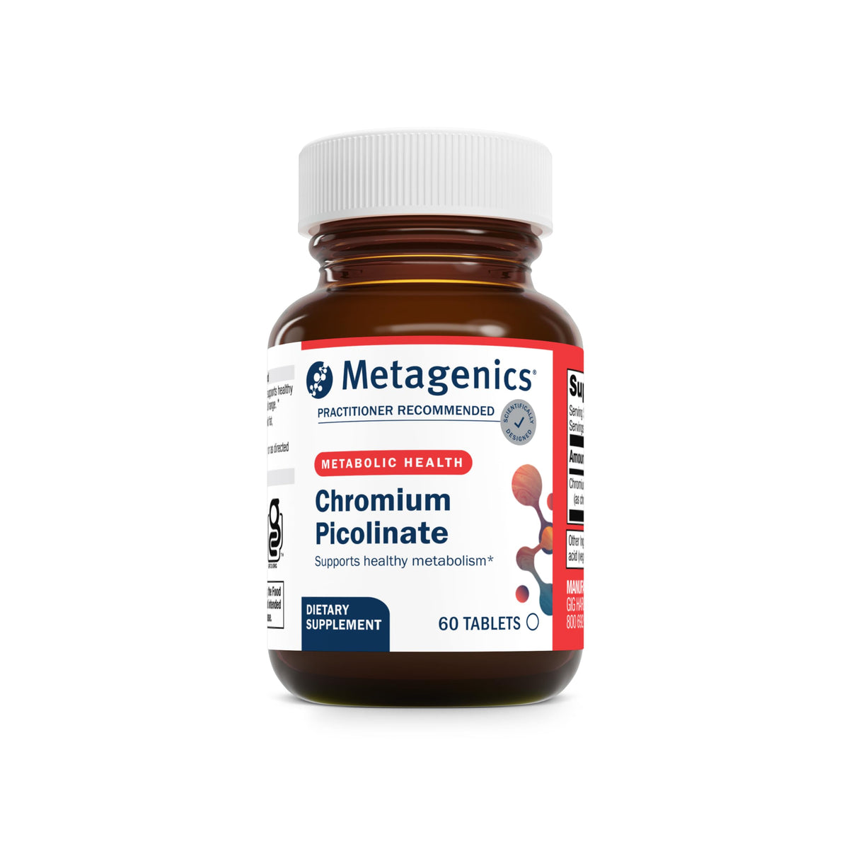 Metagenics cromo picolinato, tabletas frente, posible apoyo al metabolismo de carbohidratos.