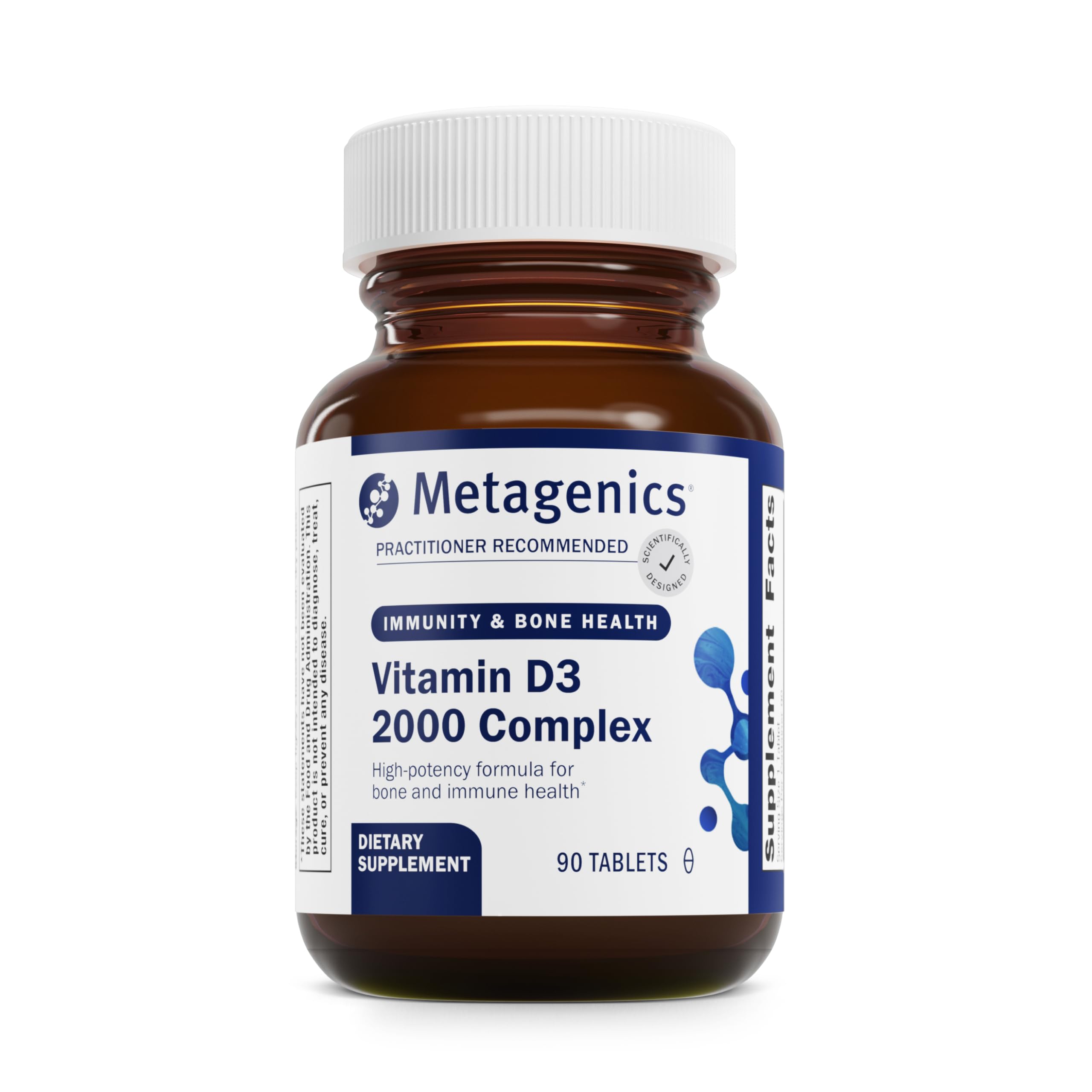 Metagenics D3 2000 IU cápsulas: botella mostrando soporte a la salud ósea y dental