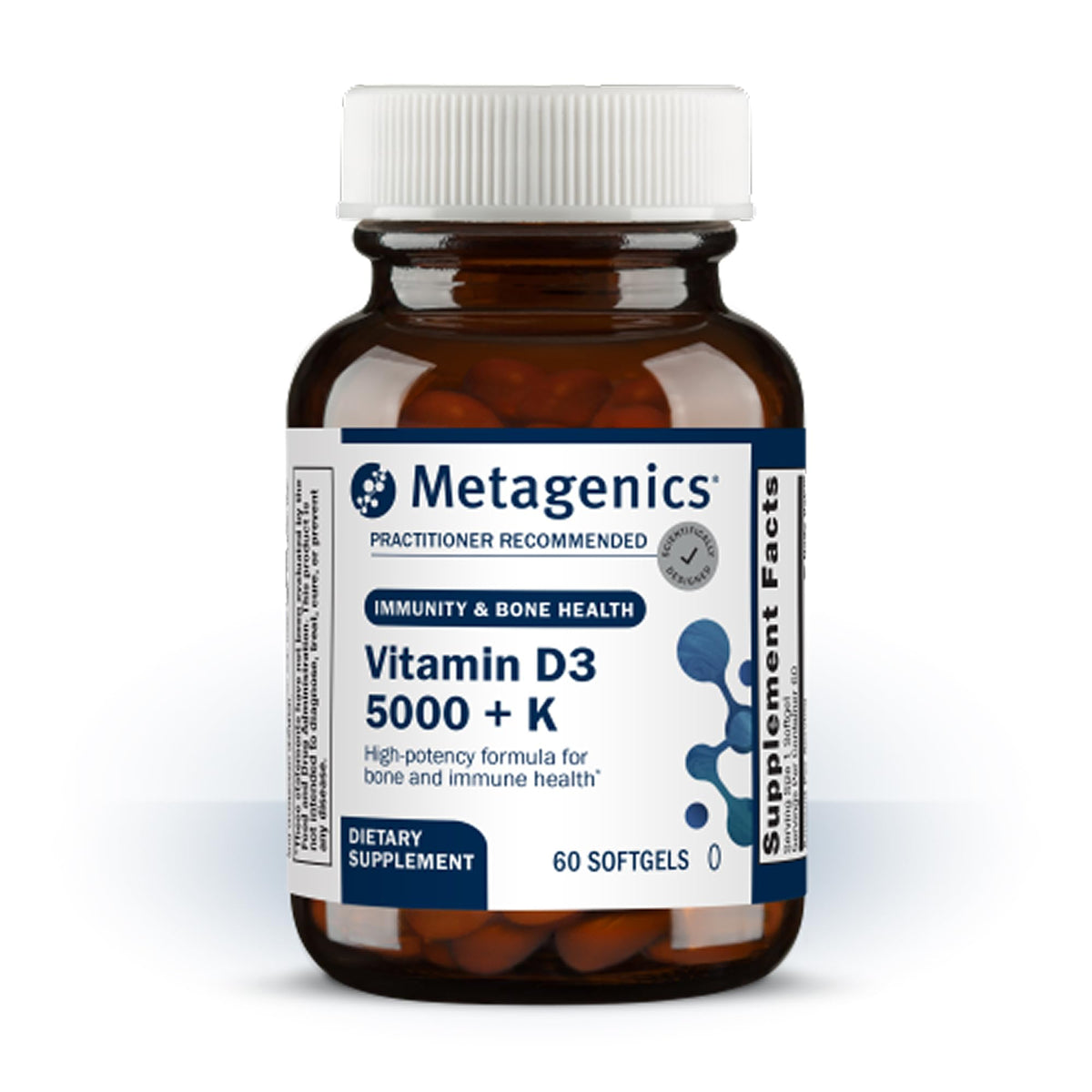 Metagenics D3 + K2 en botella: cápsulas blandas para salud arterial y ósea.