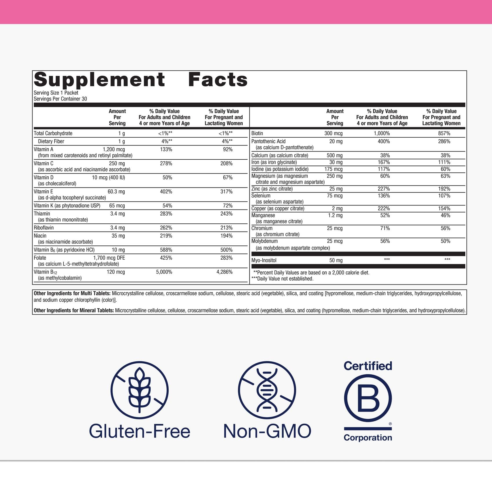 Metagenics Fem Prenatal, etiqueta frontal con información nutricional clara.