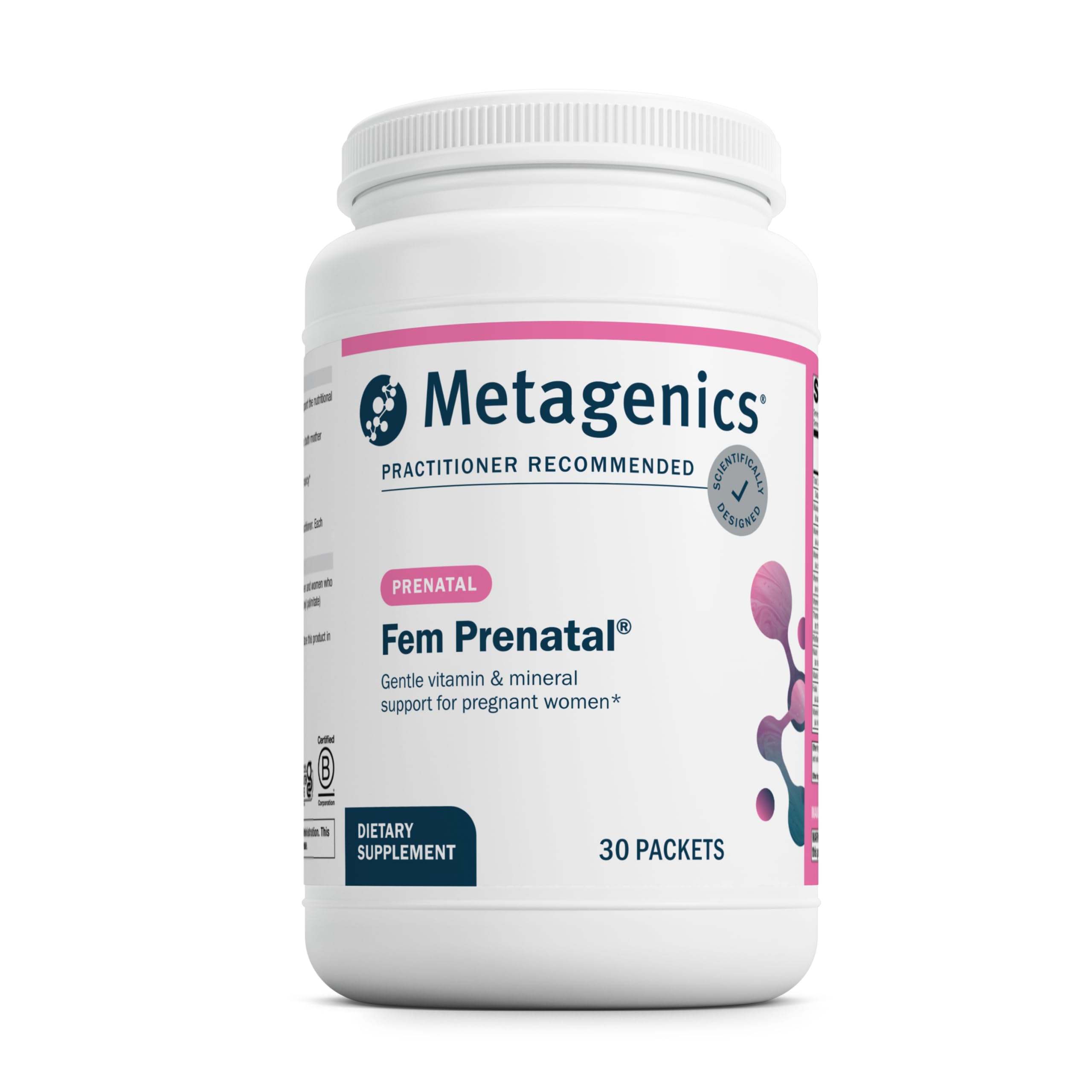 Metagenics Fem Prenatal, paquetes diarios para nutrición prenatal.