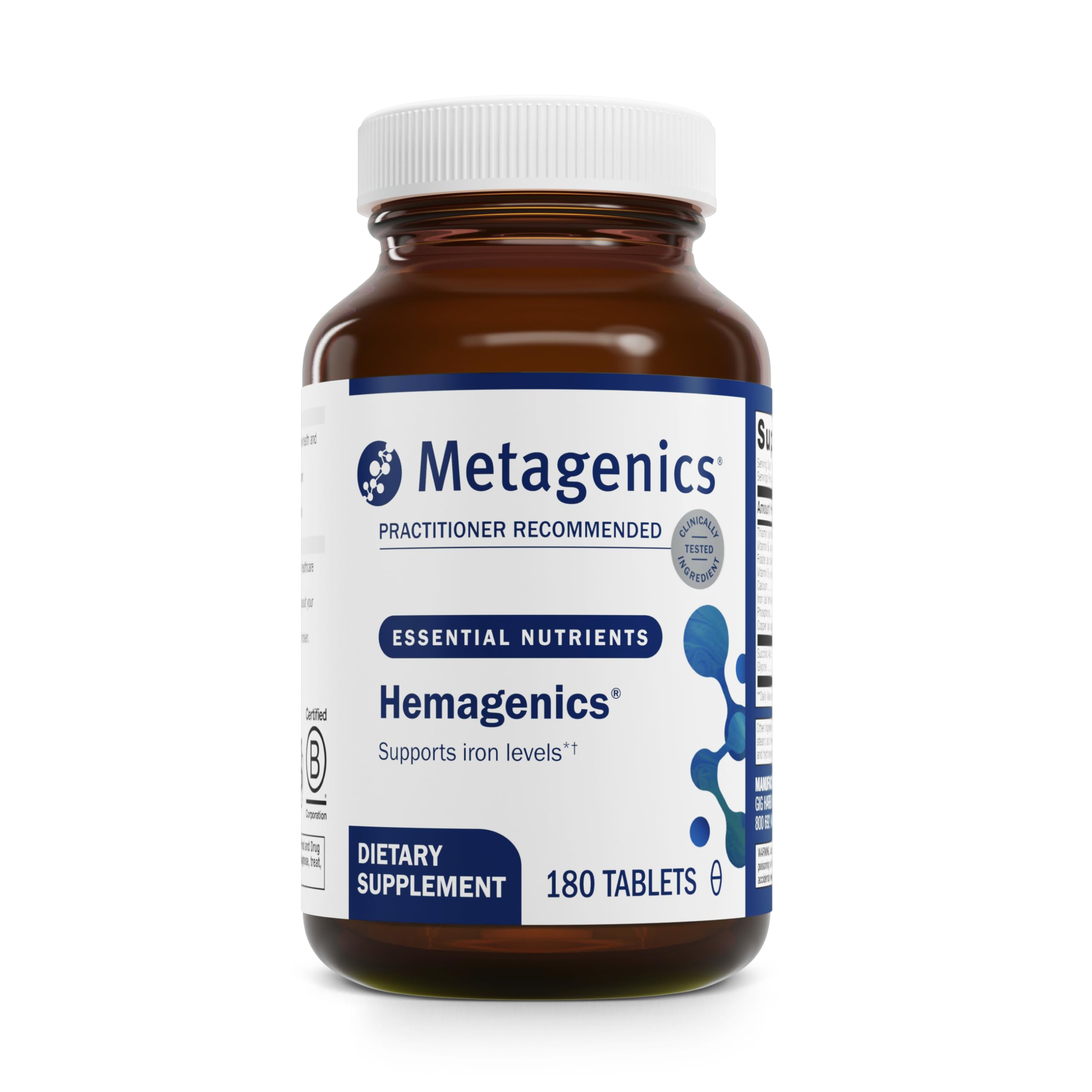 Hemagenics de Metagenics: tabletas en bote para apoyo a glóbulos.