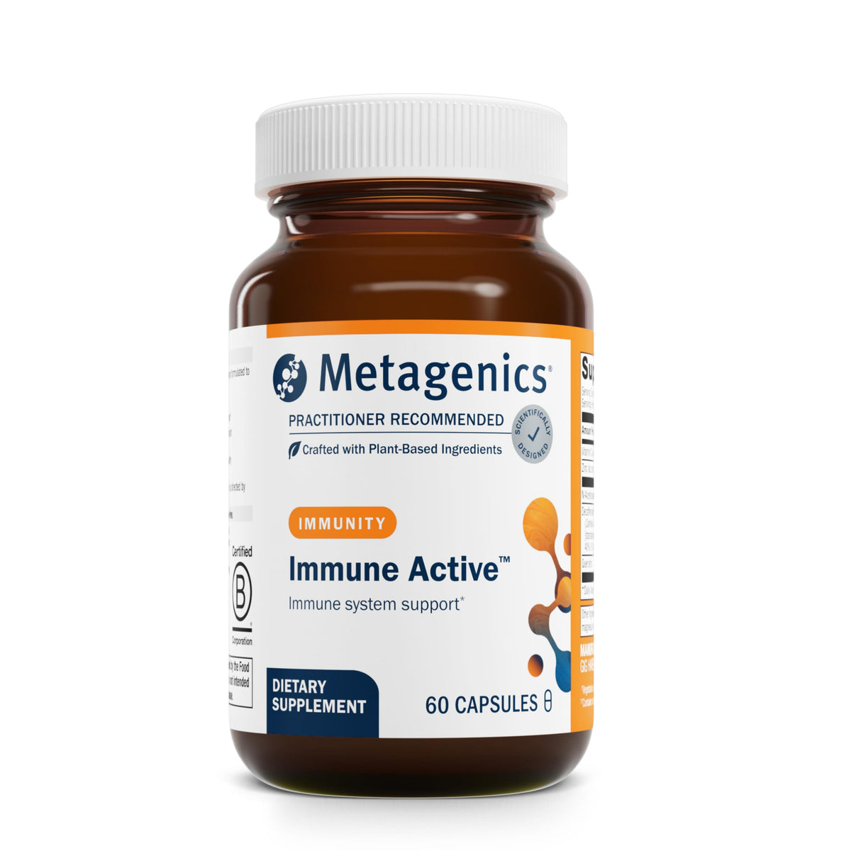 Metagenics Immune Active, botella frontal: apoyo diario a la defensa inmunitaria.