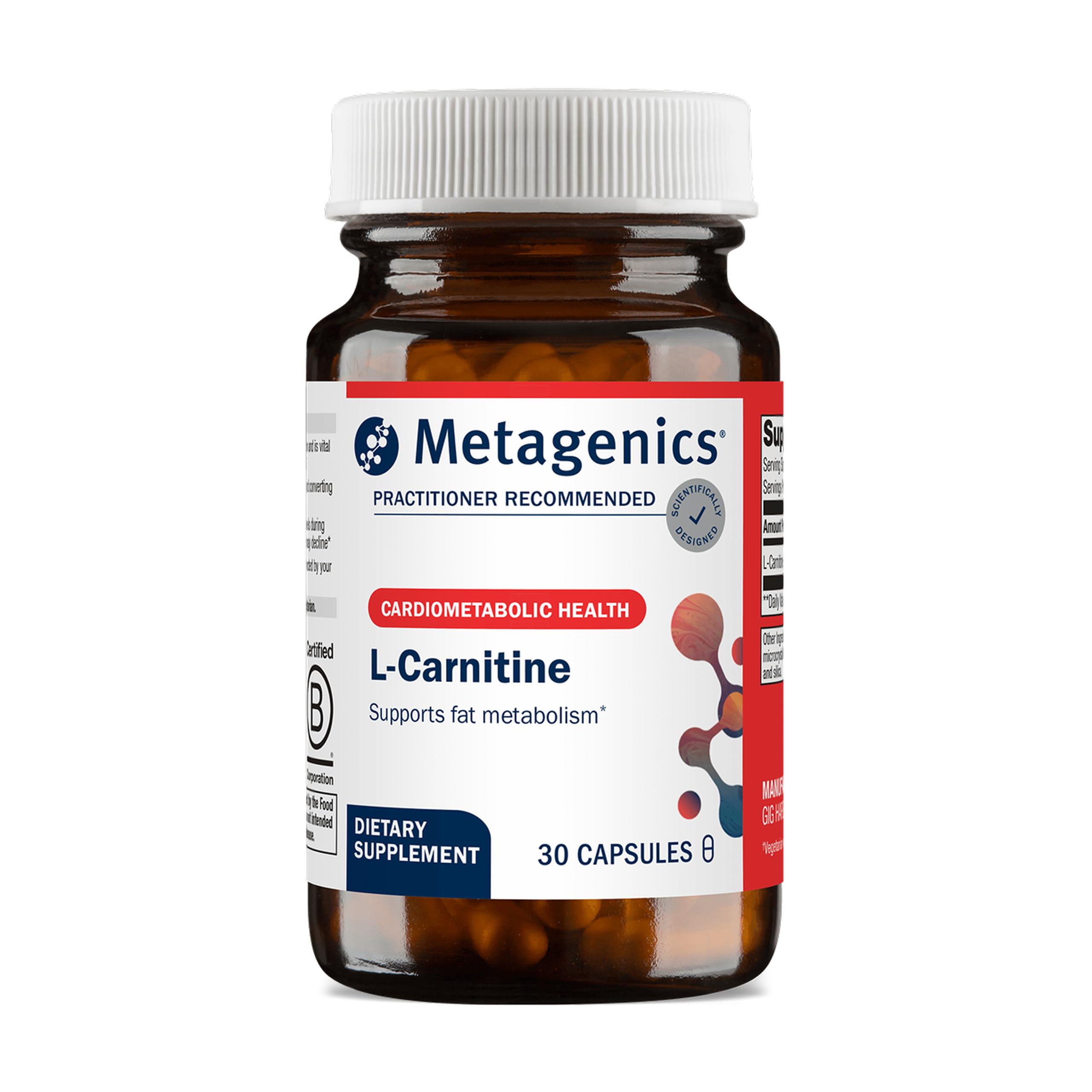 Metagenics L-Carnitina: botella con cápsulas para apoyar metabolismo de grasas y energía