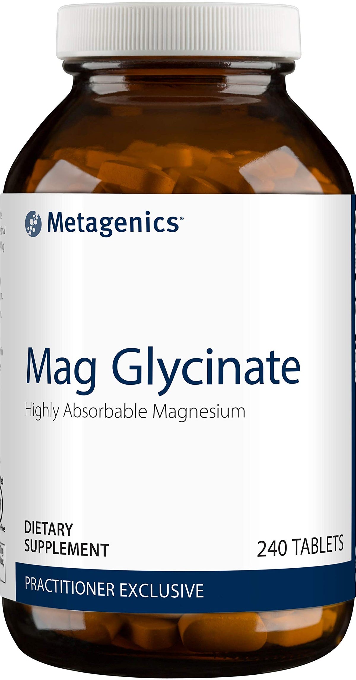 Metagenics glicinato de magnesio, botella volcada, apoyo a la relajación.