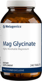 Metagenics glicinato de magnesio, botella volcada, apoyo a la relajación.