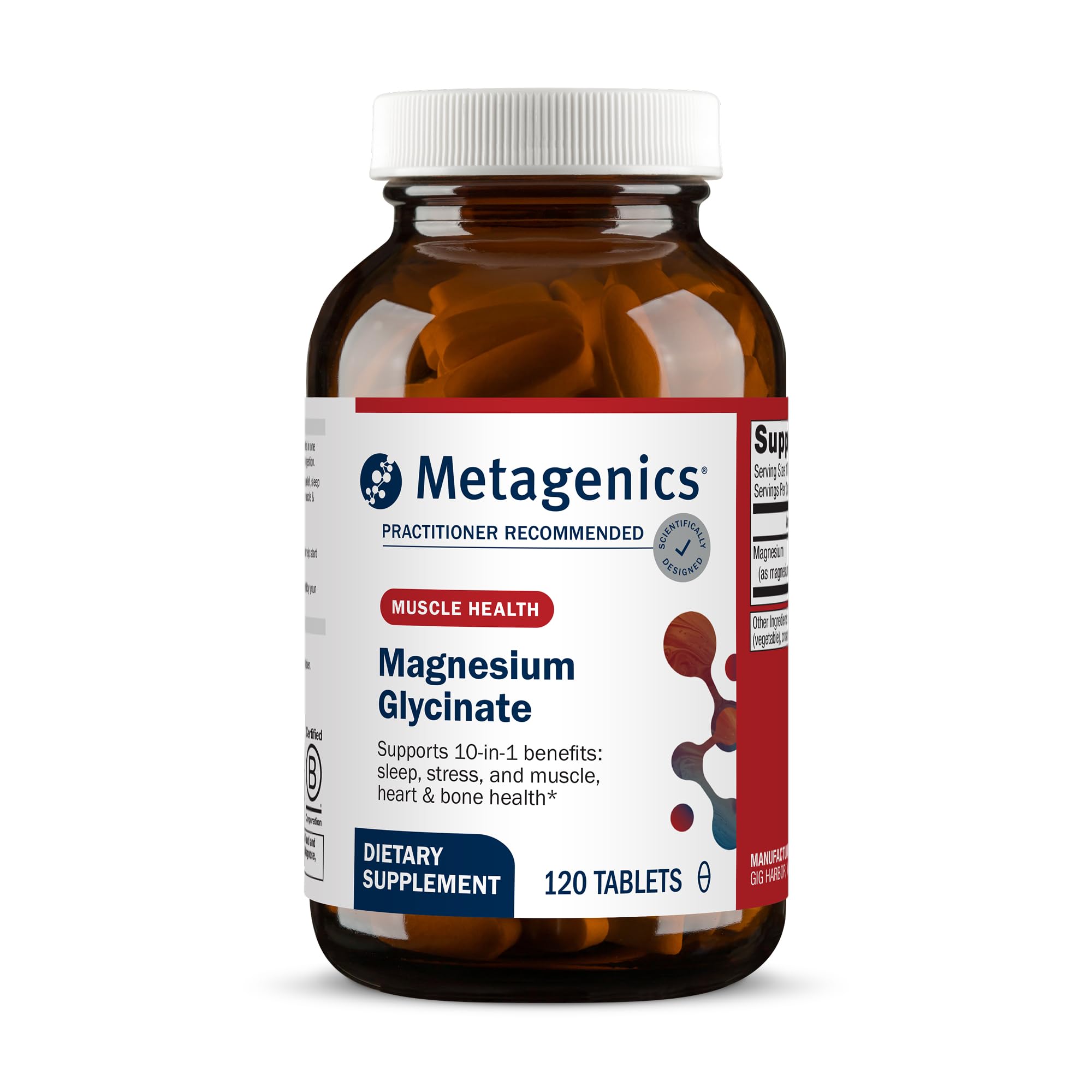 Metagenics magnesio glicinato, botella en primer plano para sueño reparador