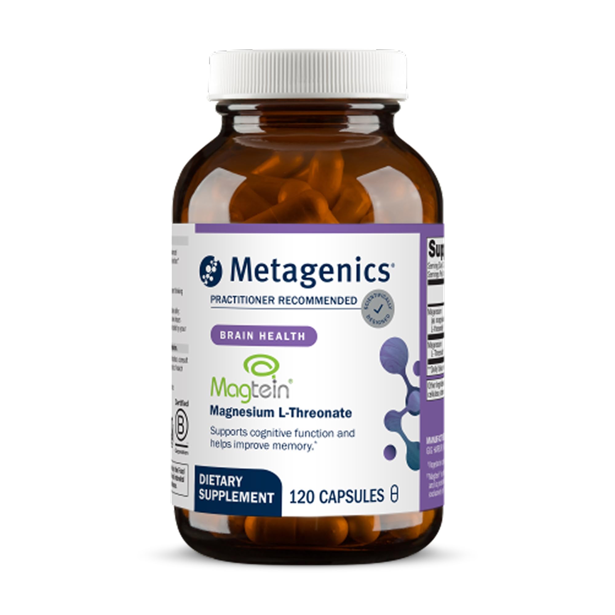 Metagenics Magtein cápsulas frente, posible apoyo a la memoria y concentración.