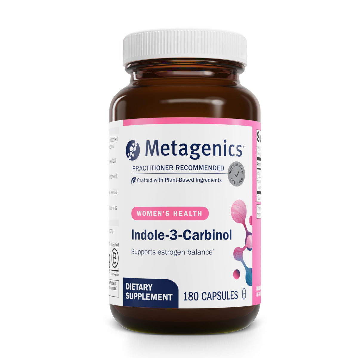 Metagenics Meta Indole-3-Carbinol, botella frontal, para apoyar equilibrio hormonal.
