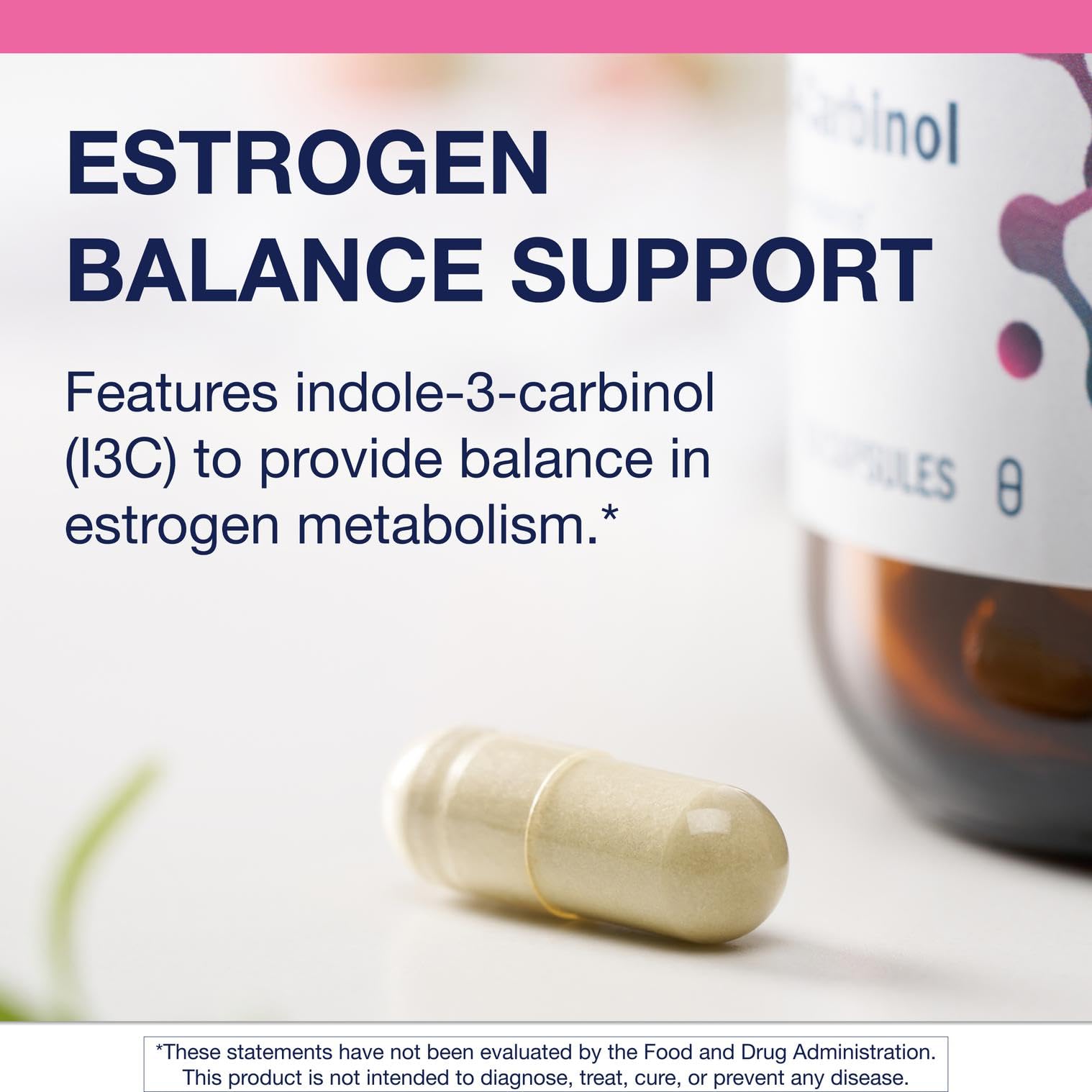 Etiqueta frontal de Metagenics Meta Indole-3-Carbinol destacando ingredientes y pureza