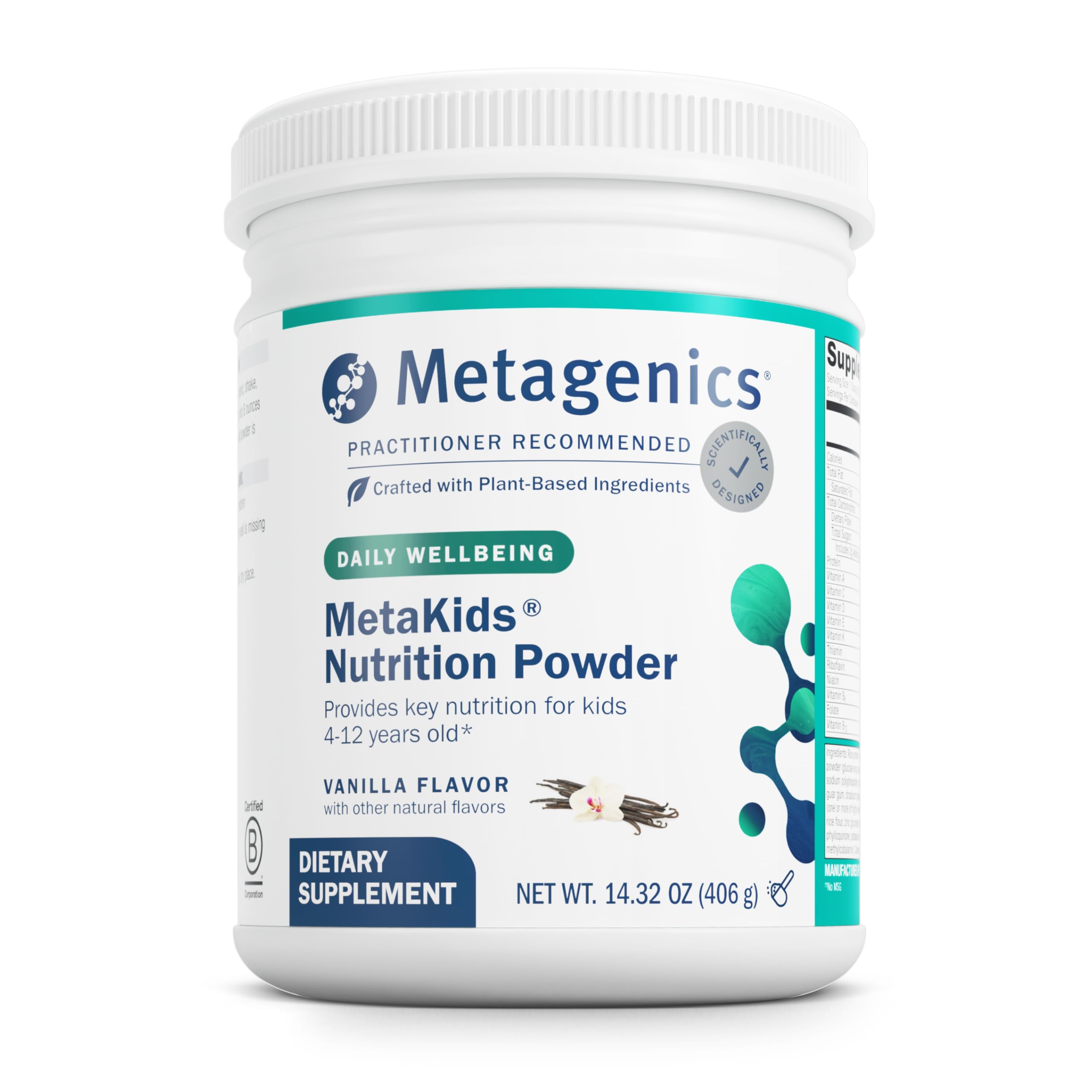 Metagenics MetaKids envase del polvo de nutrición vainilla, fácil de mezclar para desayunos.