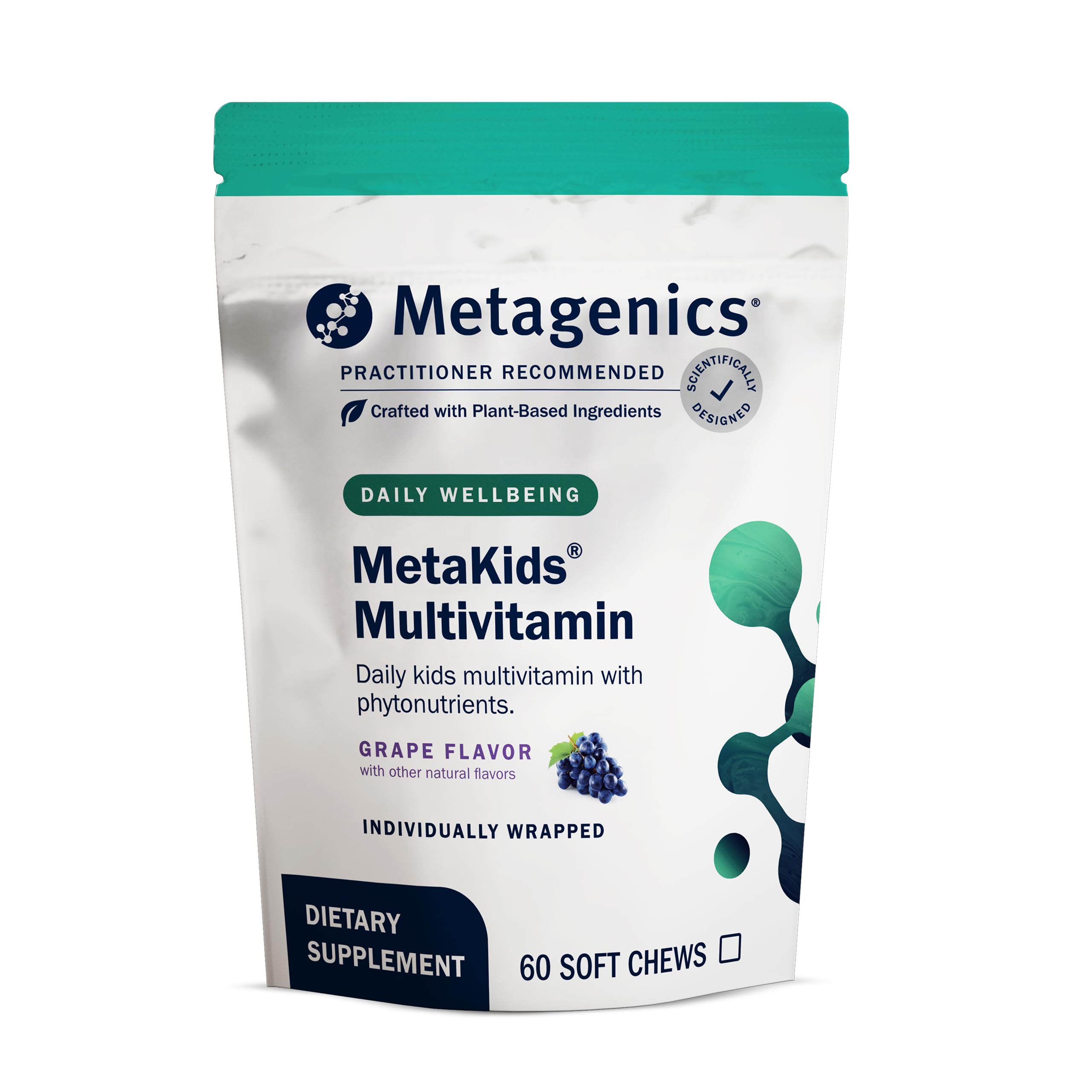 Metagenics MetaKids masticables sabor uva, ideal para la rutina diaria de vitaminas.
