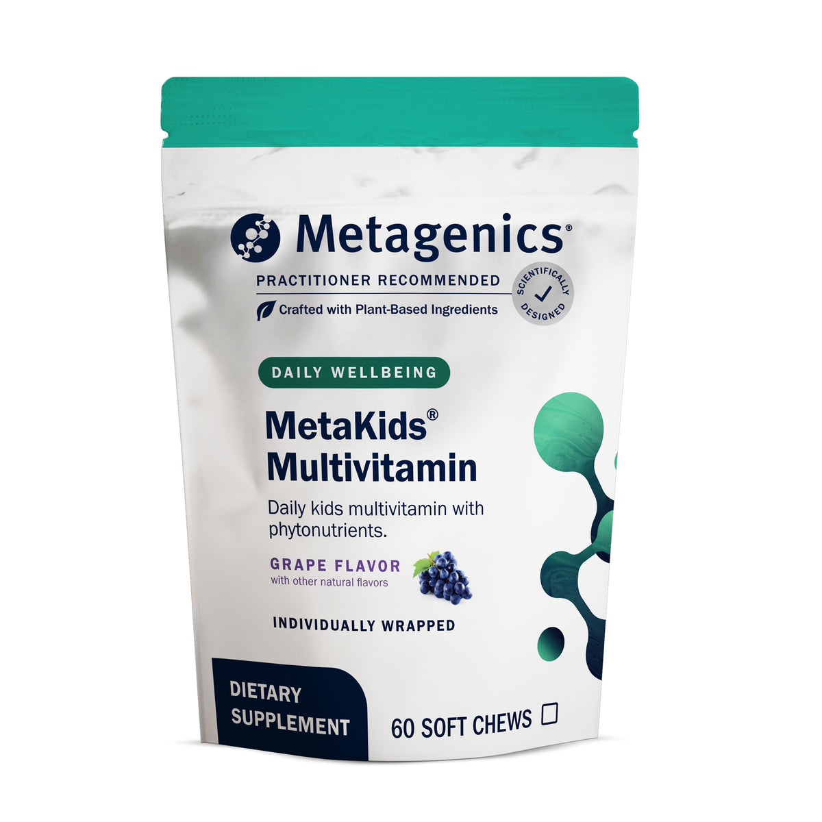 Metagenics MetaKids masticables sabor uva, ideal para la rutina diaria de vitaminas.