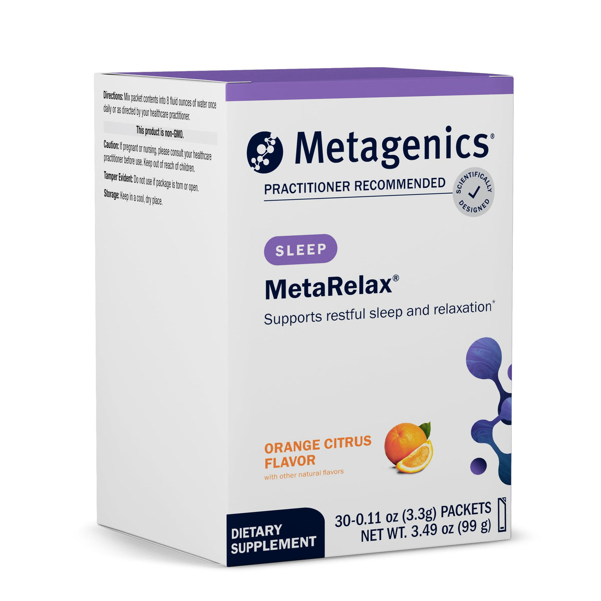 MetaRelax de Metagenics polvo naranja listo para mezclar y relajación potencial