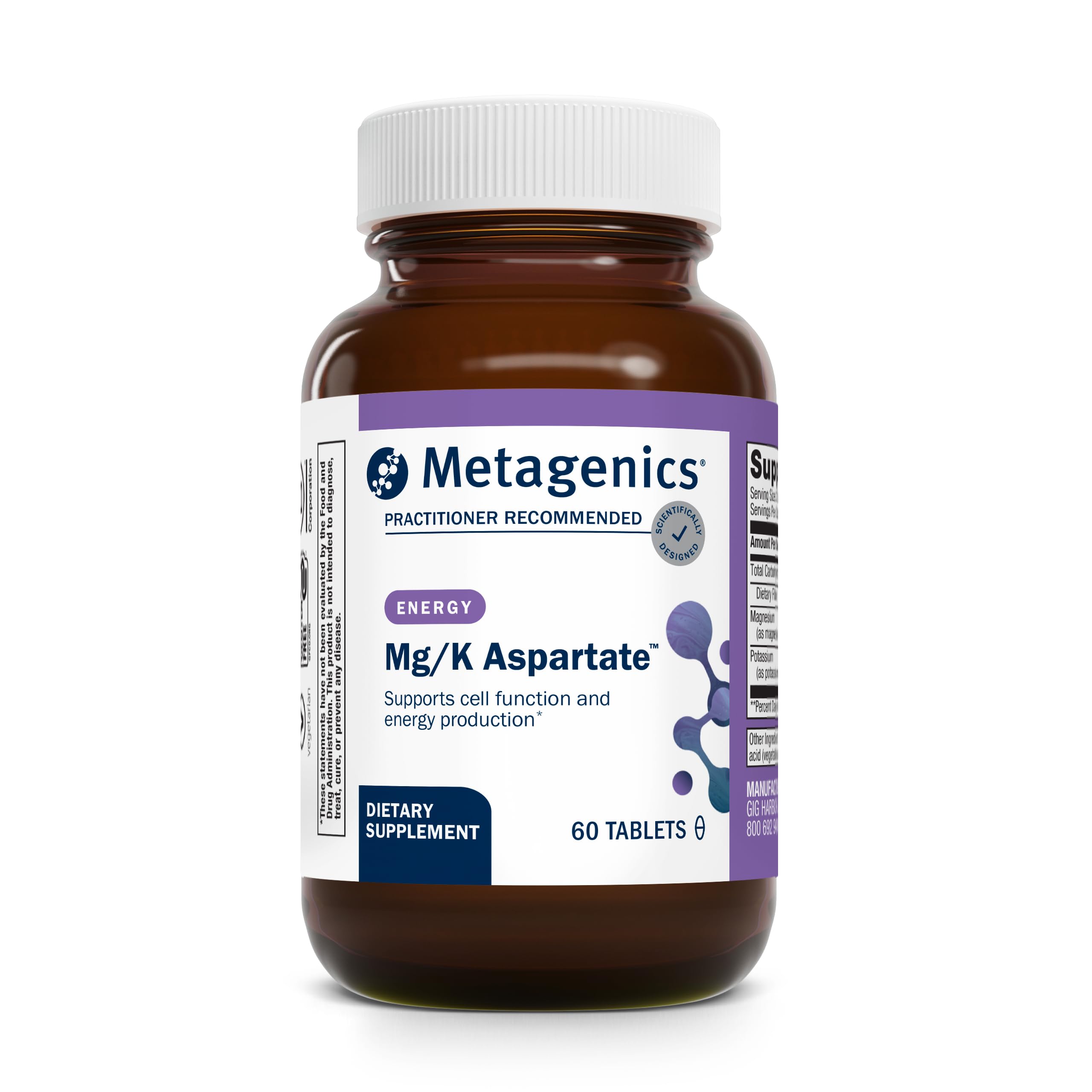 Metagenics Mg/K Aspartato: botella de tabletas para uso diario y rendimiento.