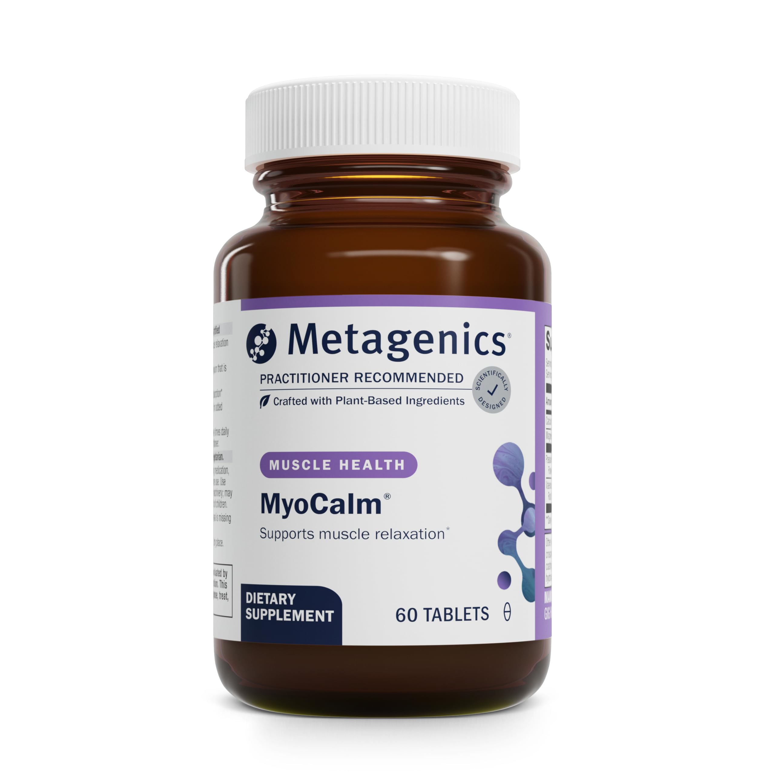 Metagenics MyoCalm, botella frontal con información de calcio y magnesio