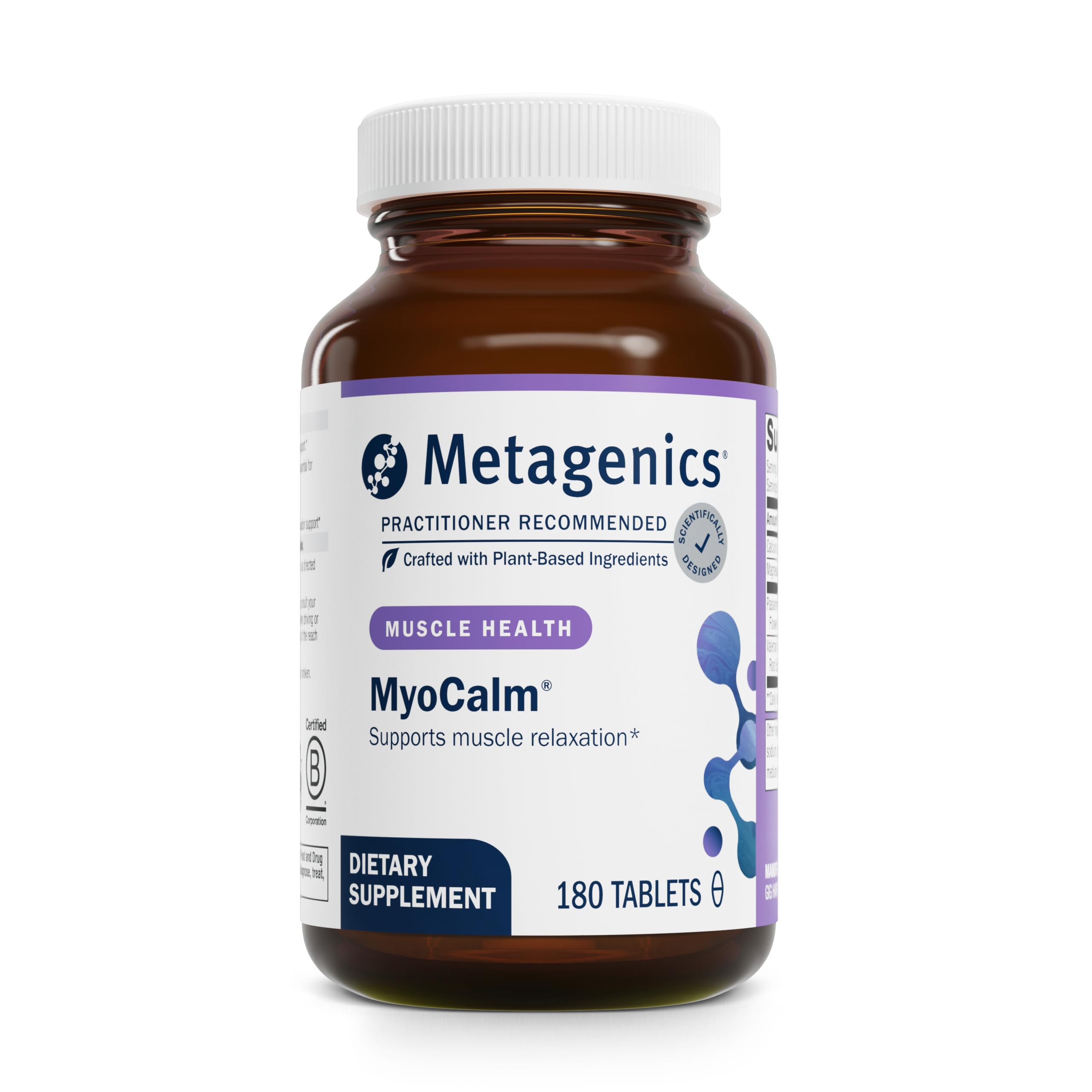 Metagenics MyoCalm: tabletas en frasco frontal, posible apoyo a la relajación muscular.