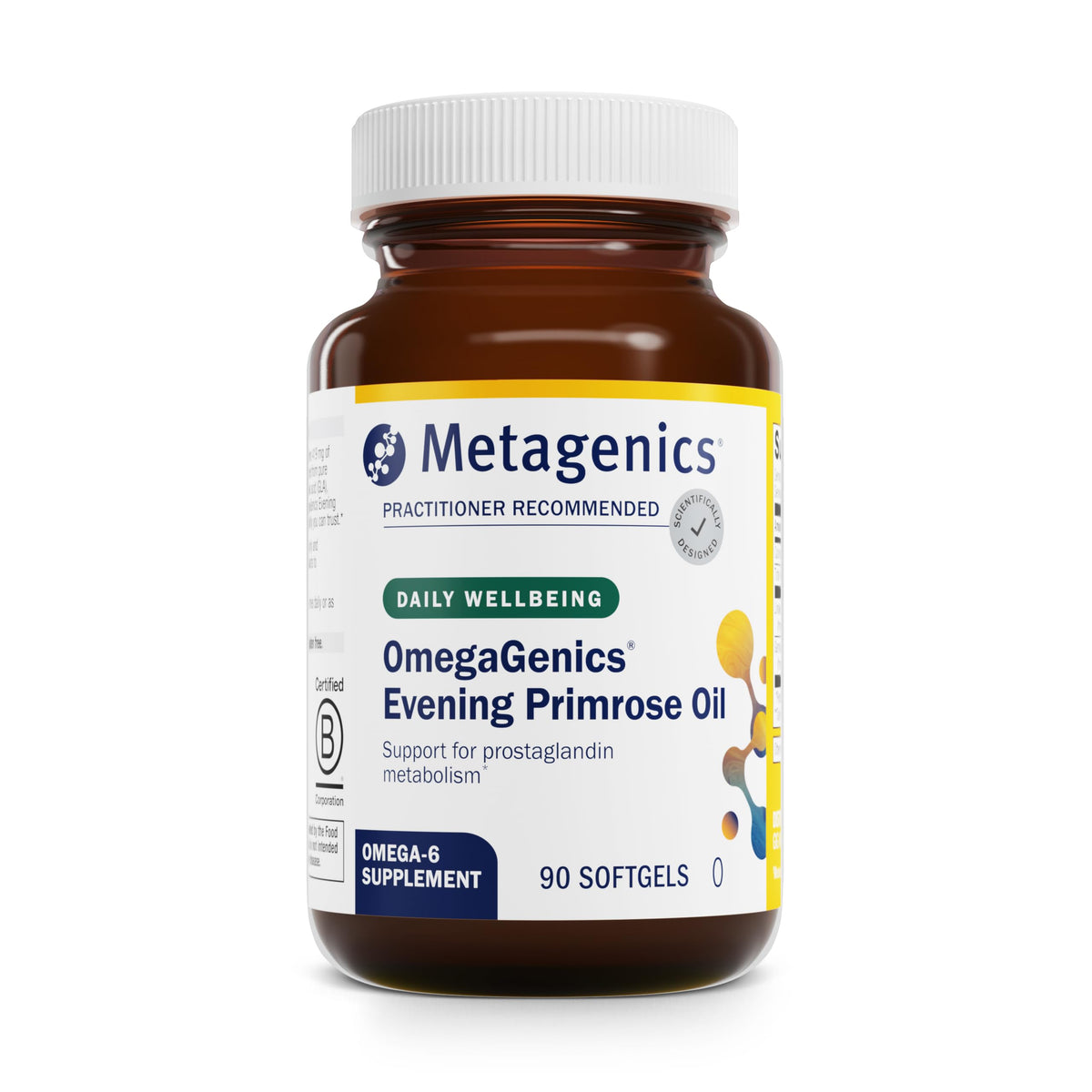Metagenics OmegaGenics Aceite de Onagra, cápsula blanda y botella para piel saludable