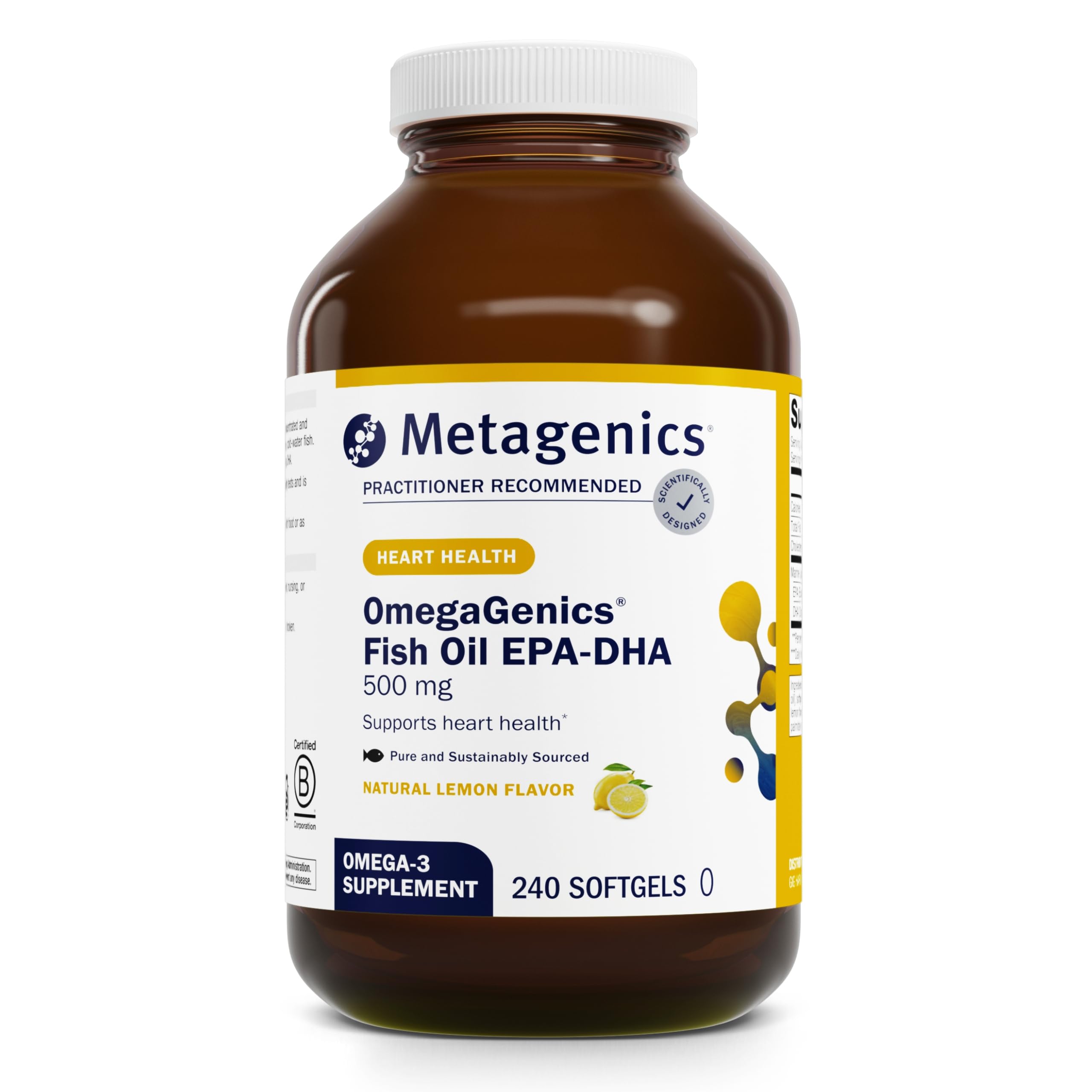 Metagenics OmegaGenics EPA-DHA 500: botella con cápsulas para uso diario.