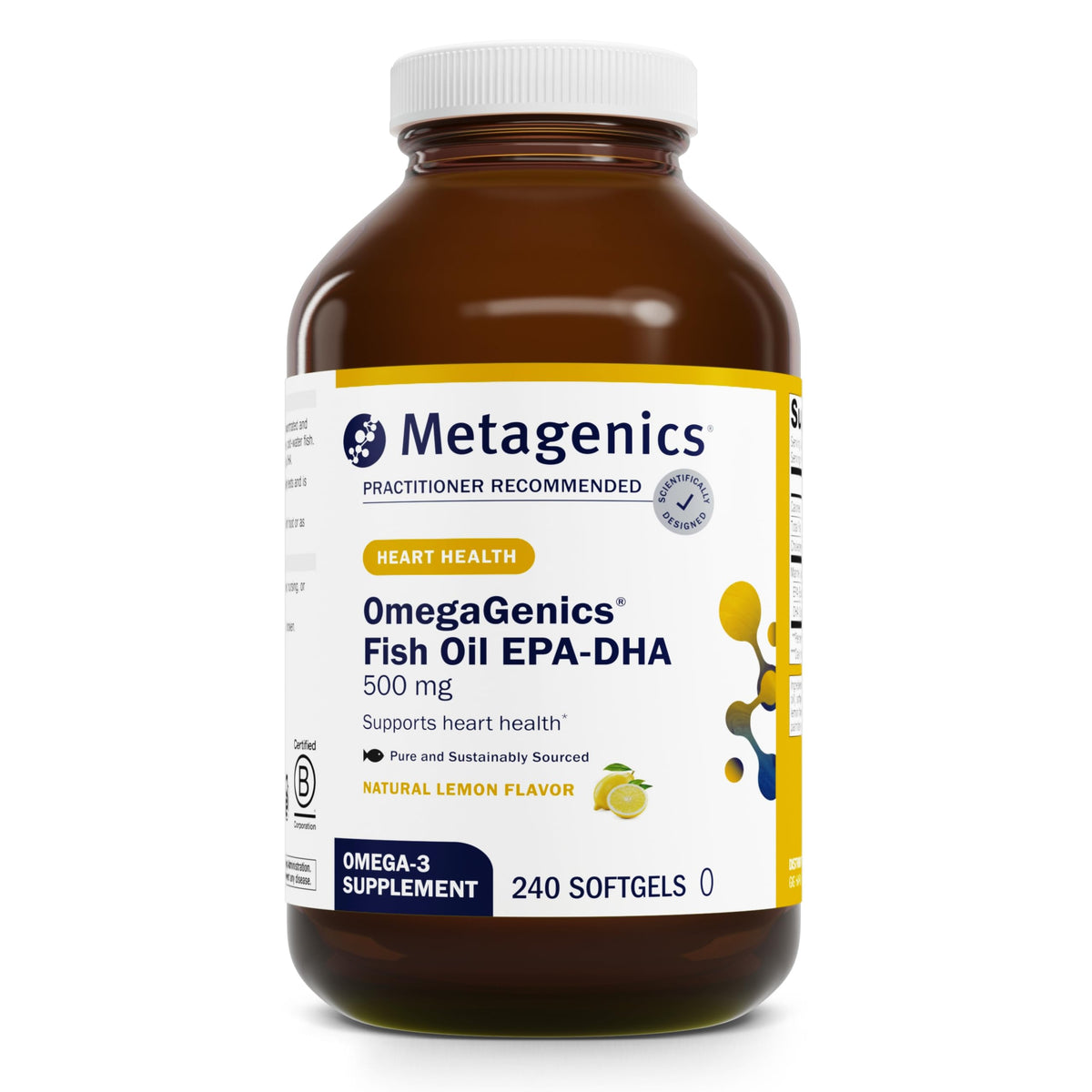 Metagenics OmegaGenics EPA-DHA 500: botella con cápsulas para uso diario.