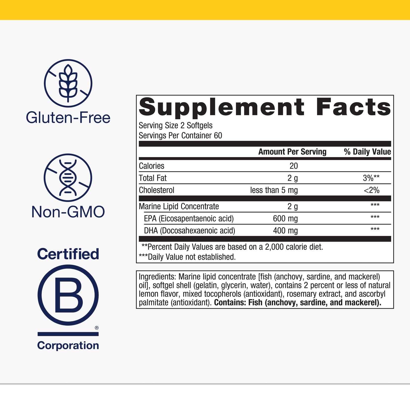 Metagenics OmegaGenics EPA-DHA 500: etiqueta posterior con información nutricional clara.