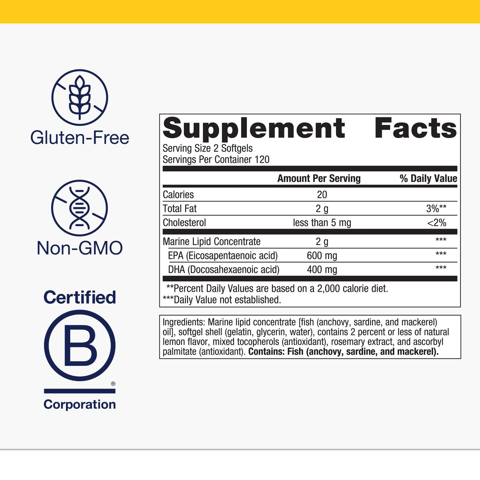 Metagenics OmegaGenics EPA-DHA 500: etiqueta con certificaciones y origen sostenible.