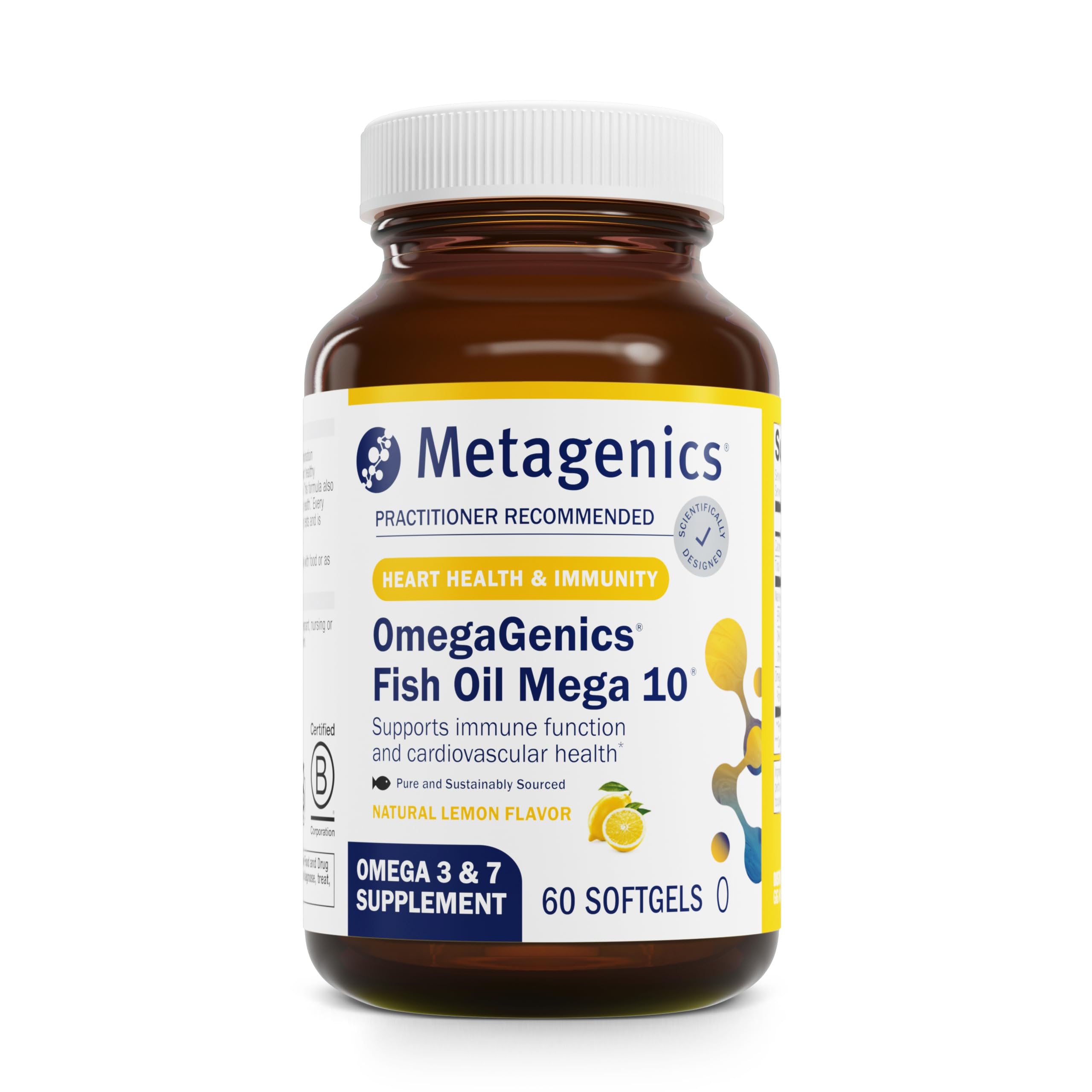 Metagenics OmegaGenics Mega 10 en botella, apoyo al bienestar diario del corazón.