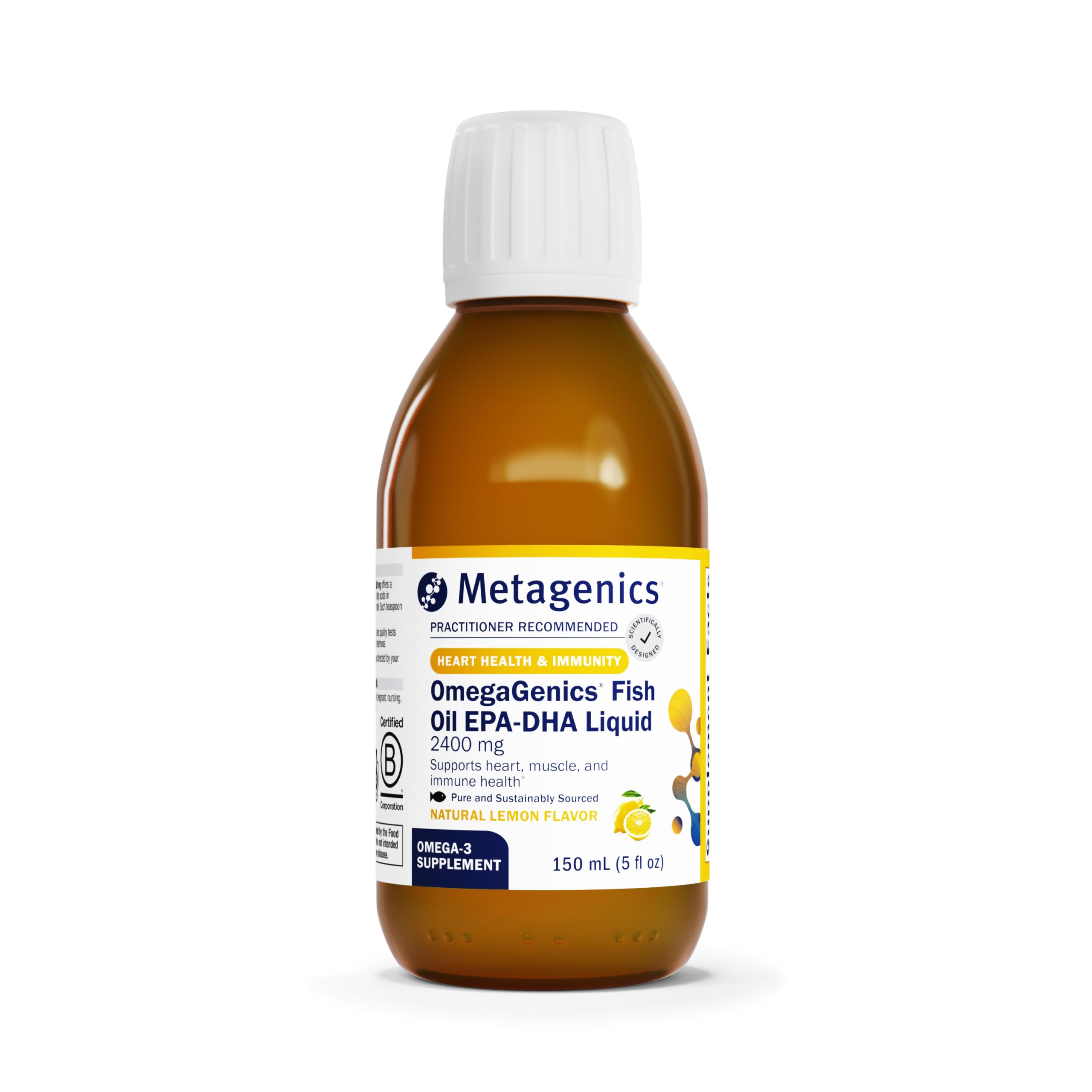 Metagenics OmegaGenics EPA-DHA 2400 mg en botella sabor limon, posible apoyo a la salud general