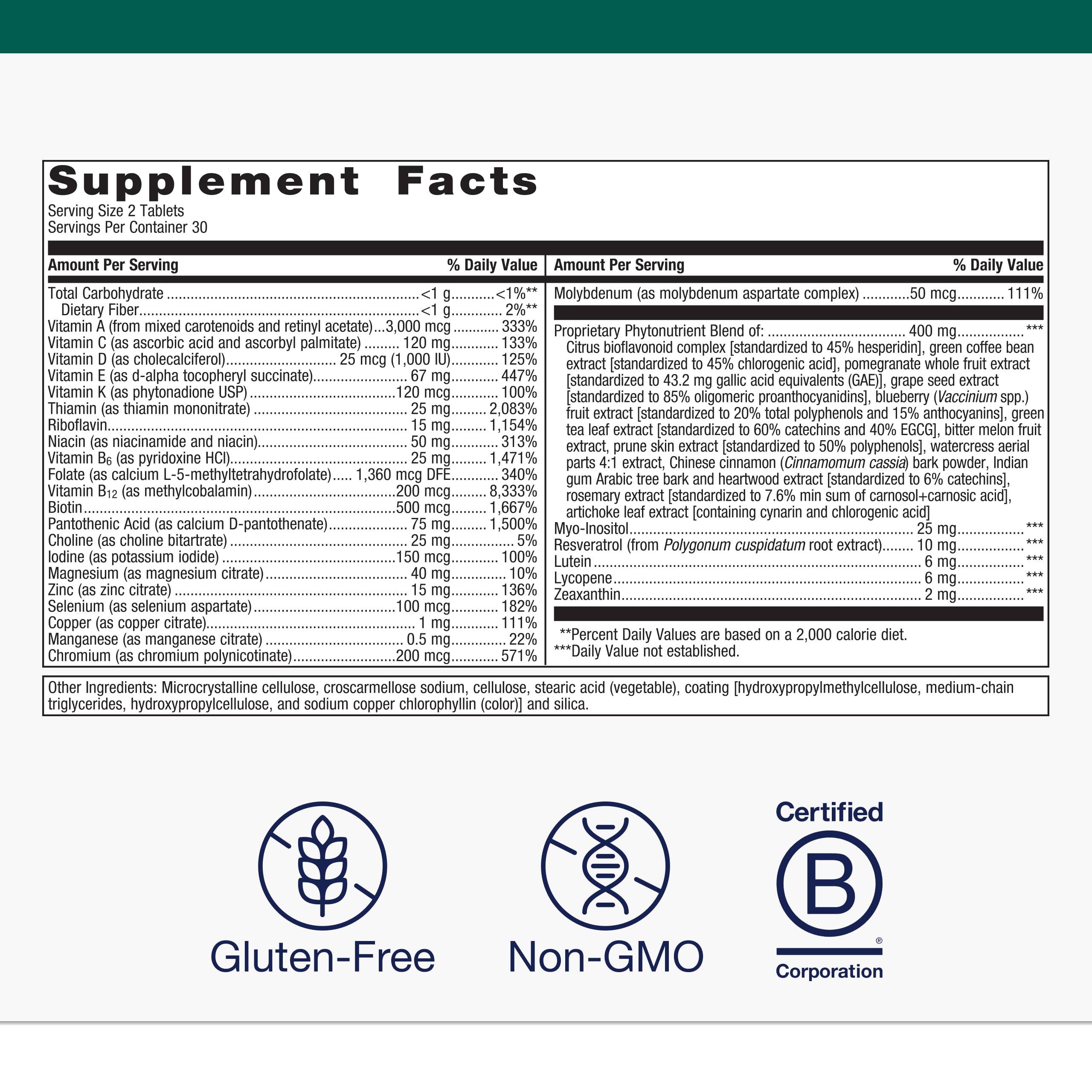 PhytoMulti contiene antioxidantes como resveratrol, luteína y zeaxantina para apoyo antioxidante.