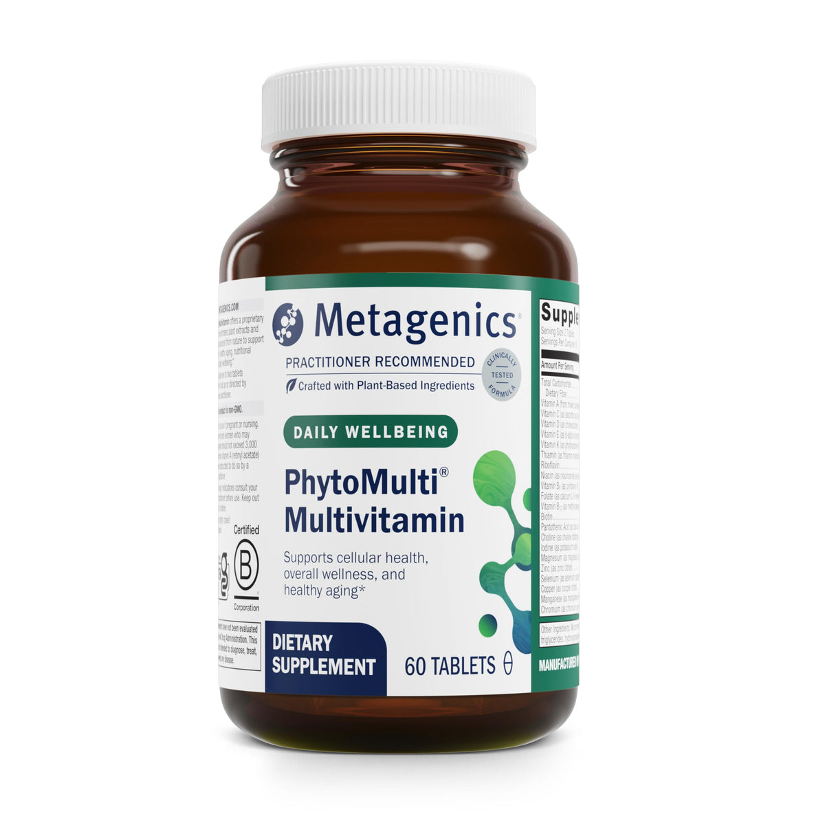 Metagenics PhytoMulti sin hierro en botella para apoyo diario de energía.