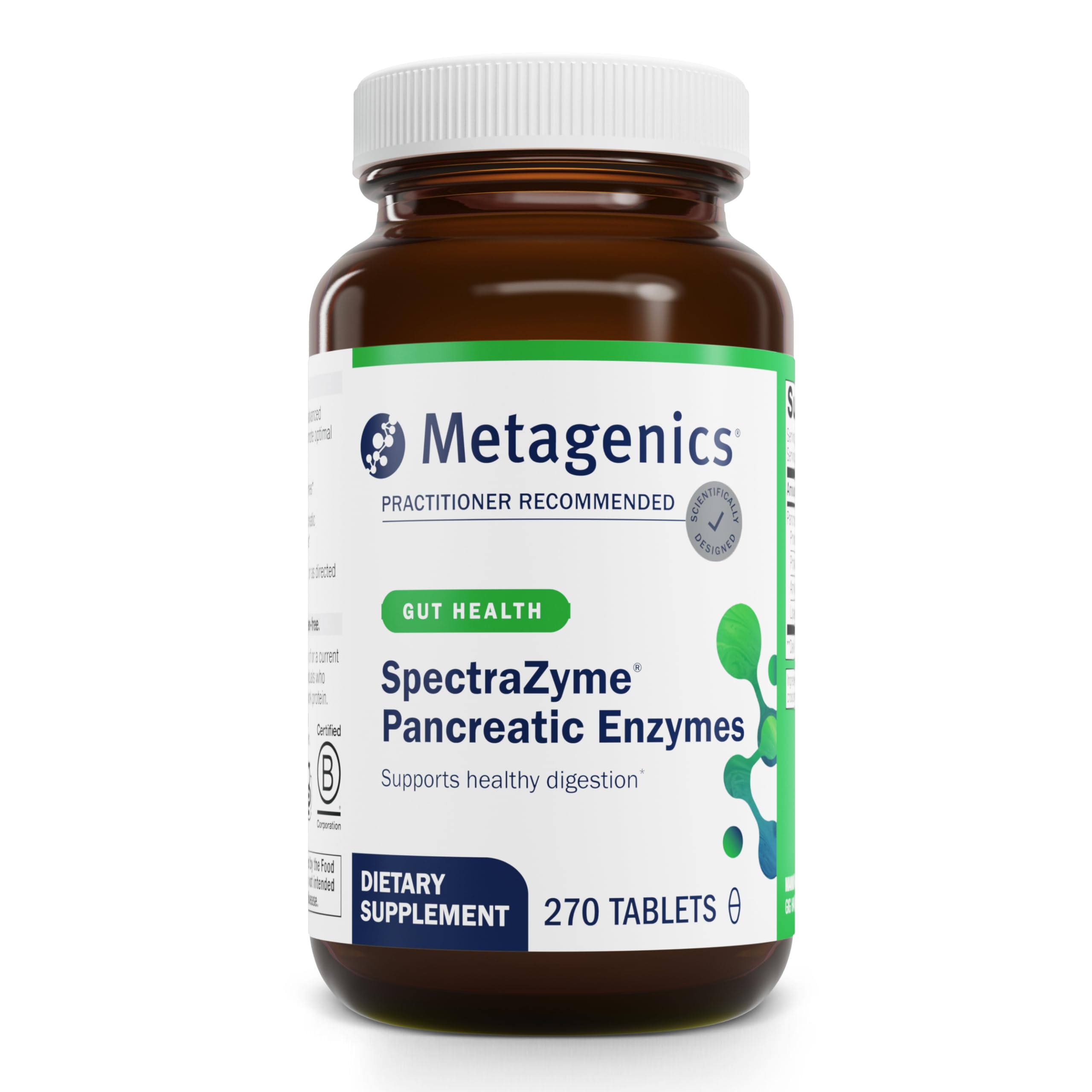 Metagenics SpectraZyme, botella con tabletas, apoyo a la digestión de proteínas y carbohidratos.