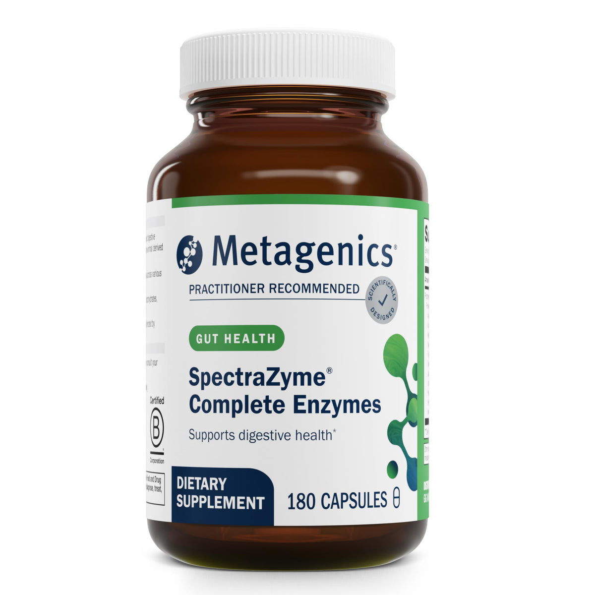 Metagenics SpectraZyme Enzyme Complex, botella de cápsulas, apoyo digestivo diario para proteínas, grasas y carbohidratos.