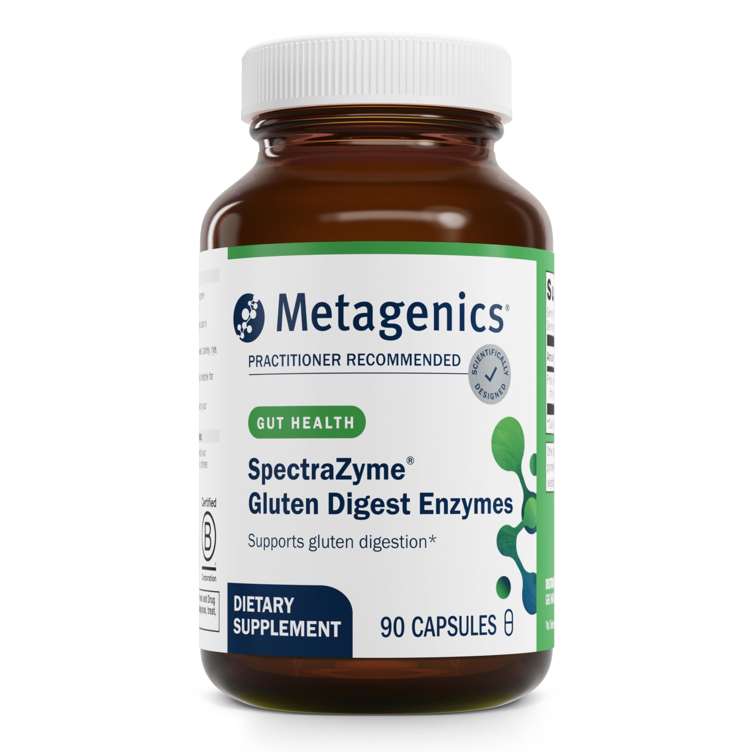 Metagenics SpectraZyme cápsulas: apoyo digestivo para descomponer gluten tras las comidas.