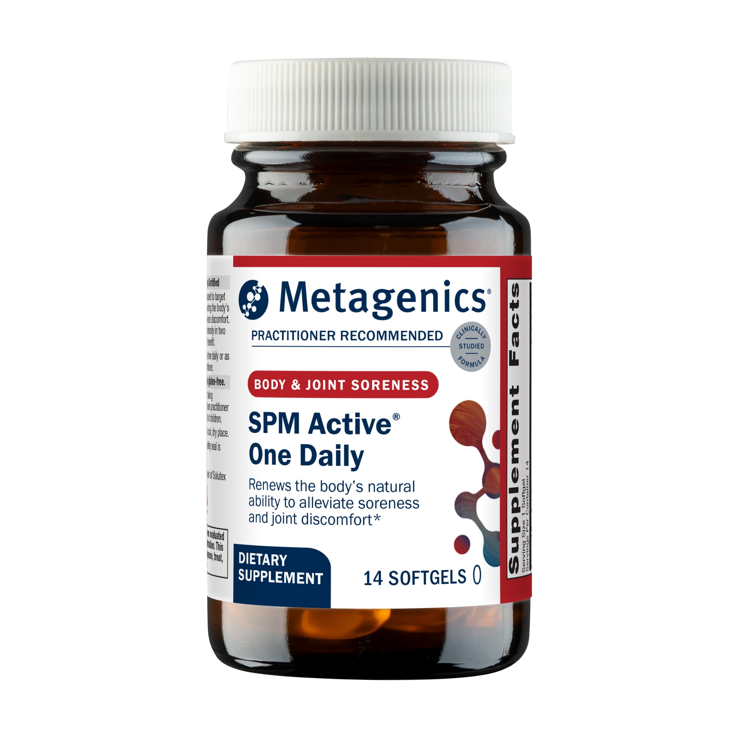 Metagenics SPM Active, botella de cápsulas blandas, apoyo articular diario.