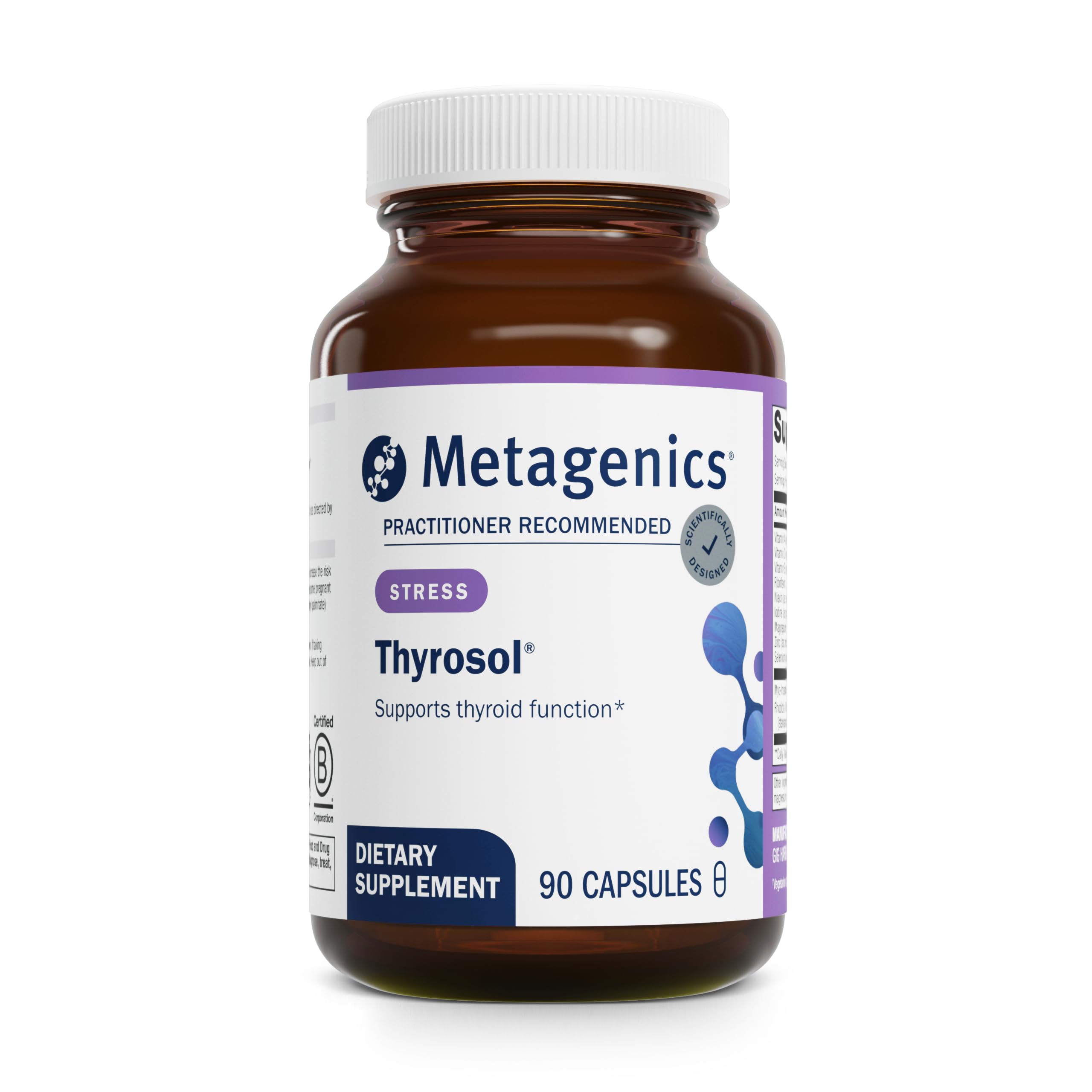 Metagenics Thyrosol: botella con cápsulas, apoyo posible a la salud tiroidea y energía.