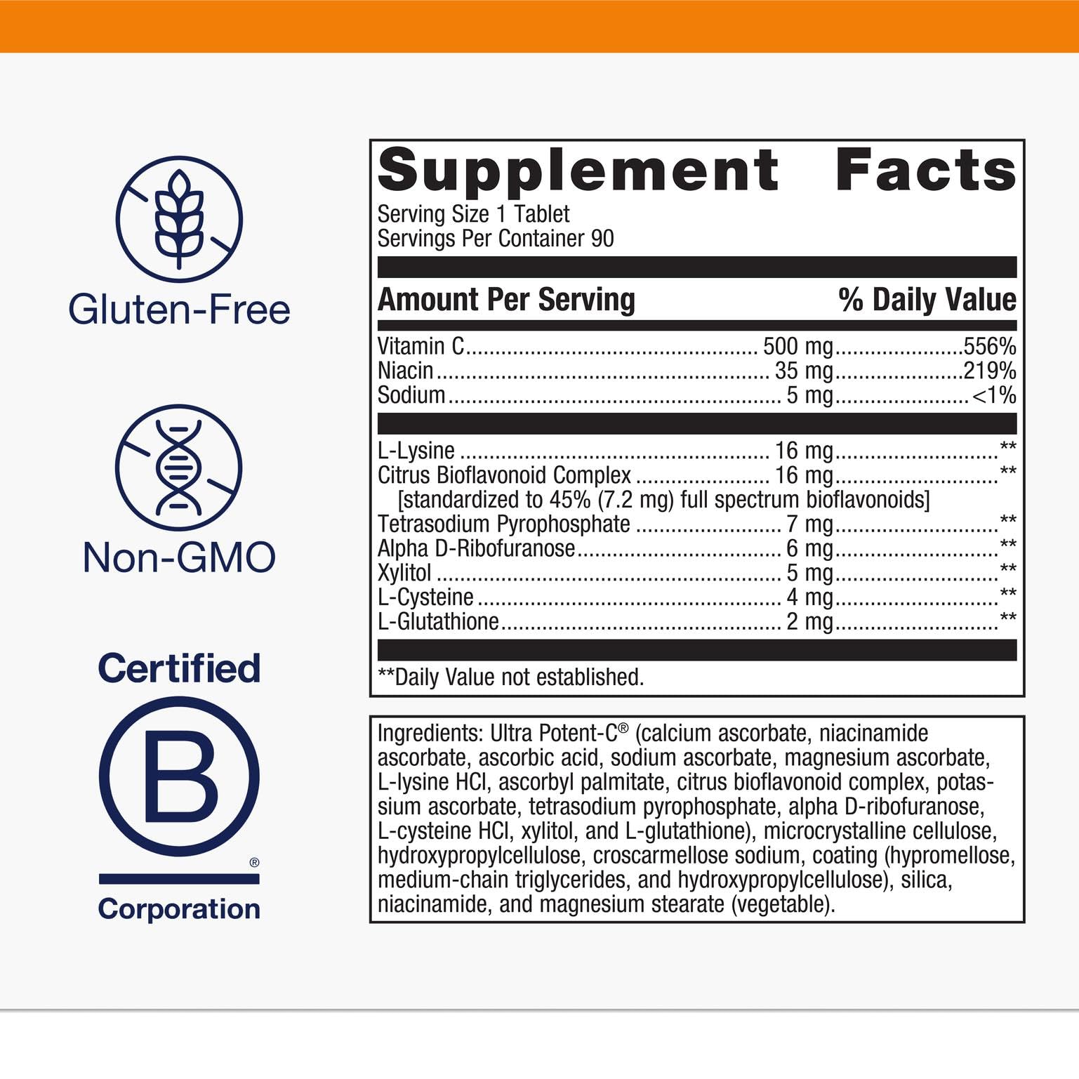 Metagenics Ultra Potent-C 500 empaque: opción sin gluten y no-GMO