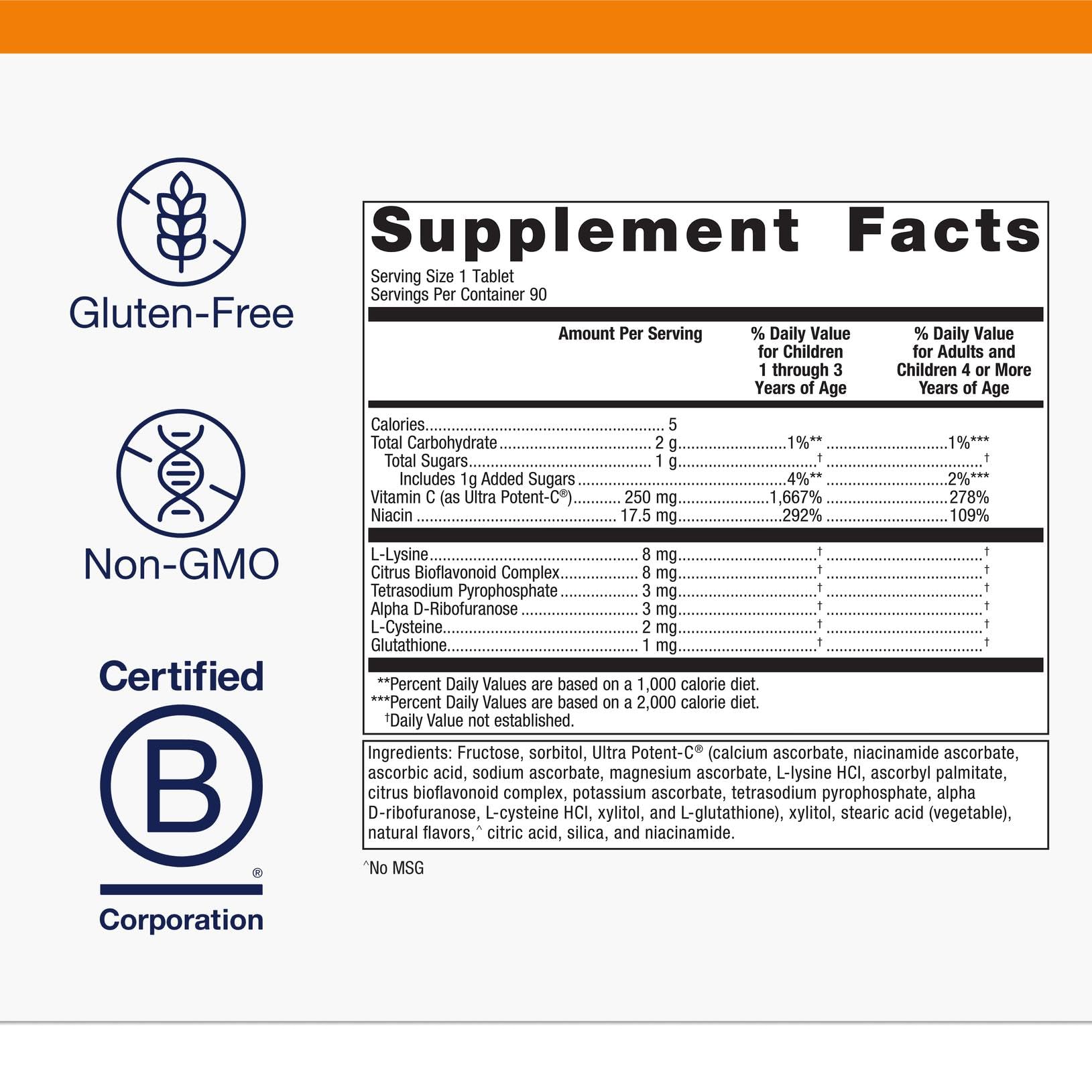 Metagenics Ultra Potent-C Chewable, etiqueta de ingredientes clave para una fórmula limpia.