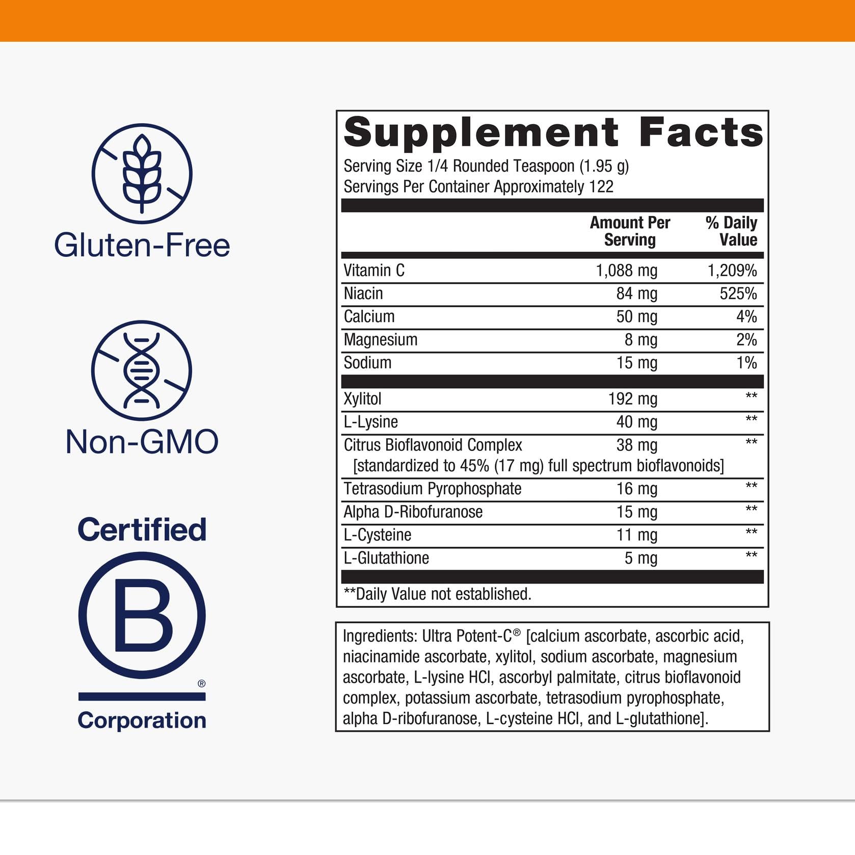 Metagenics Ultra Potent-C polvo sin gluten ni GMO, apto para dietas.