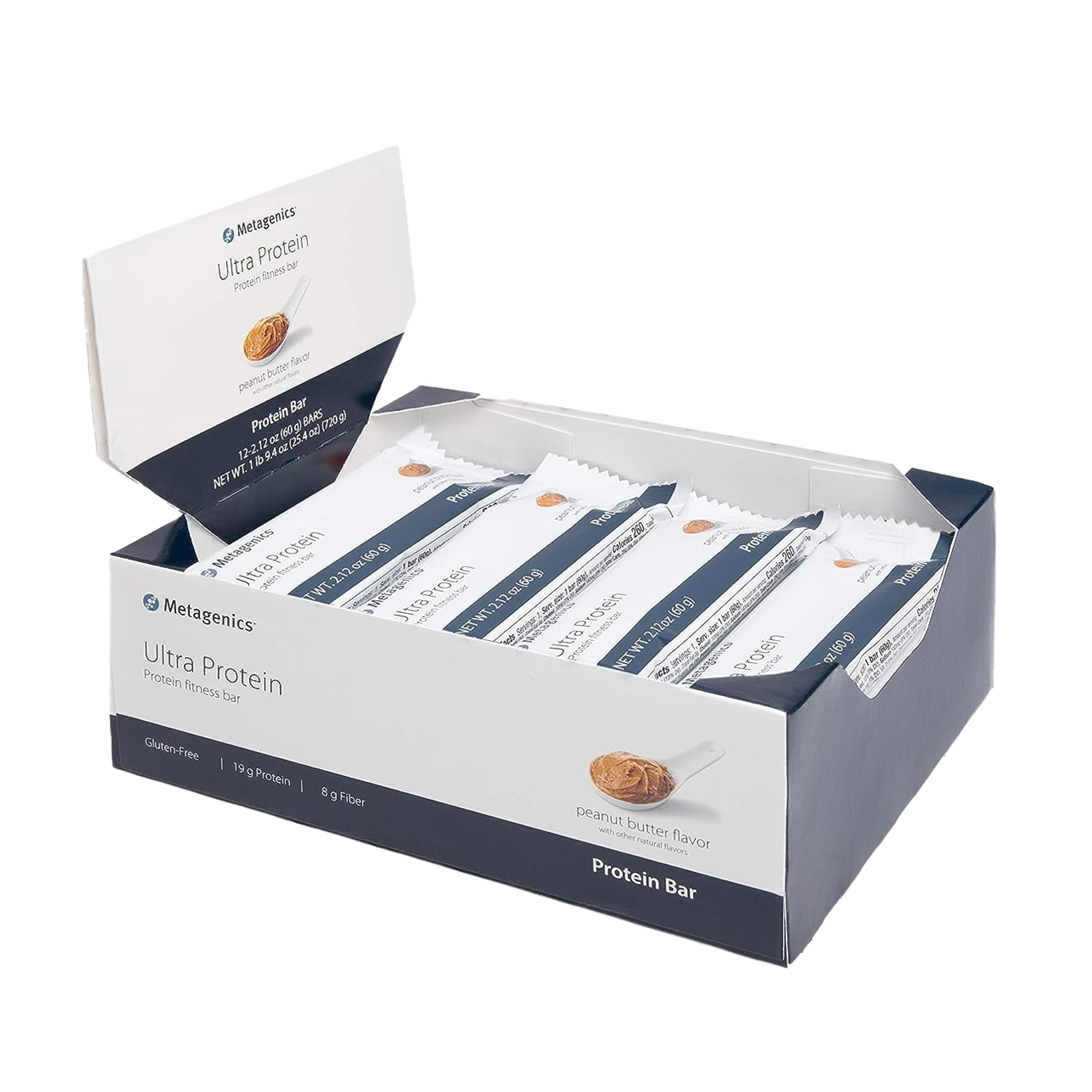 Metagenics Ultra Protein Bar envase para energía diaria y transporte cómodo.