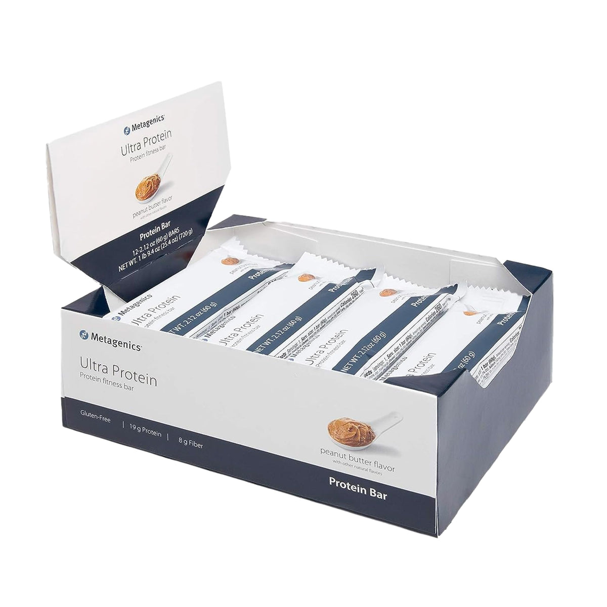 Metagenics Ultra Protein Bar envase para energía diaria y transporte cómodo.
