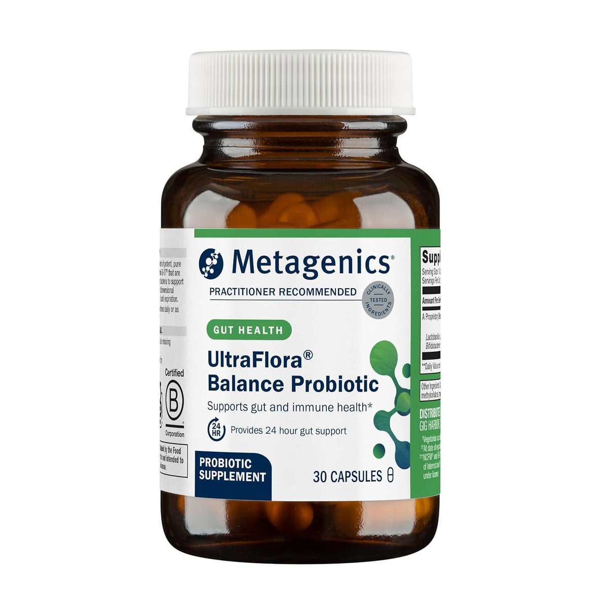 Metagenics UltraFlora Balance Probiotic: bote de cápsulas para uso diario y equilibrio intestinal.