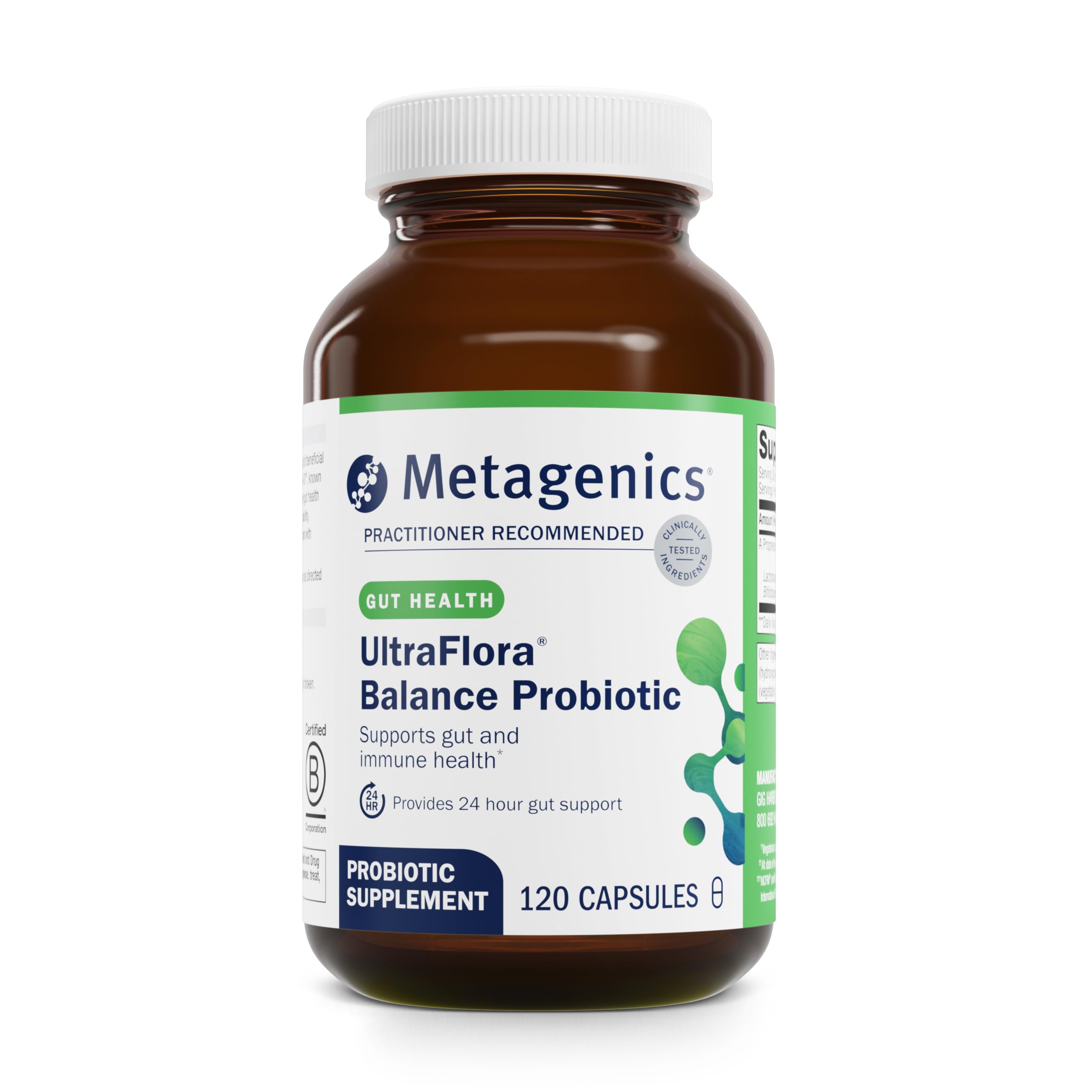 Metagenics UltraFlora Balance bottle shown for daily gut health and convenience.