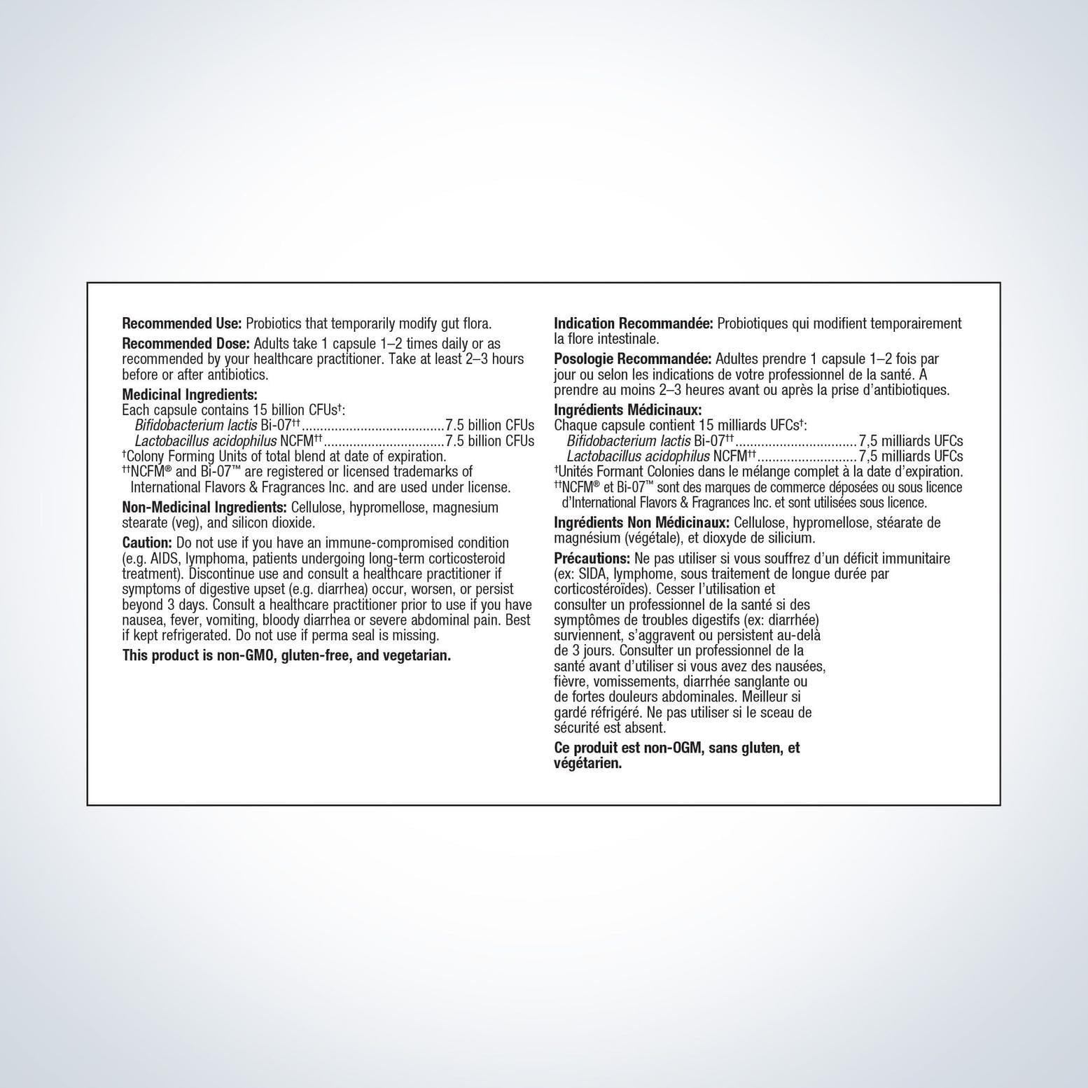 Metagenics UltraFlora Balance, etiqueta frontal, información de la fórmula estable.
