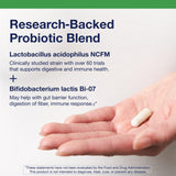 Metagenics UltraFlora Balance label close-up shows strains for gut balance.