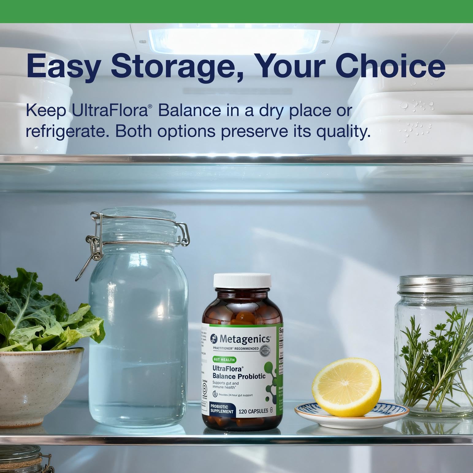 Metagenics UltraFlora Balance Probiotic: etiqueta indica ausencia de OGM.