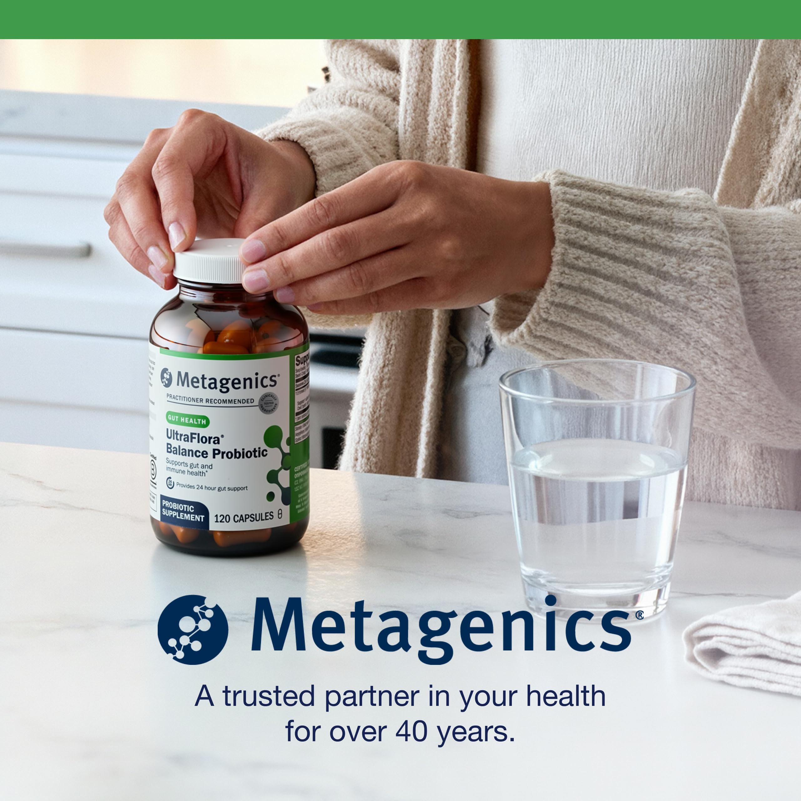 Metagenics UltraFlora Balance icons indicate gluten-free and vegan formulas.