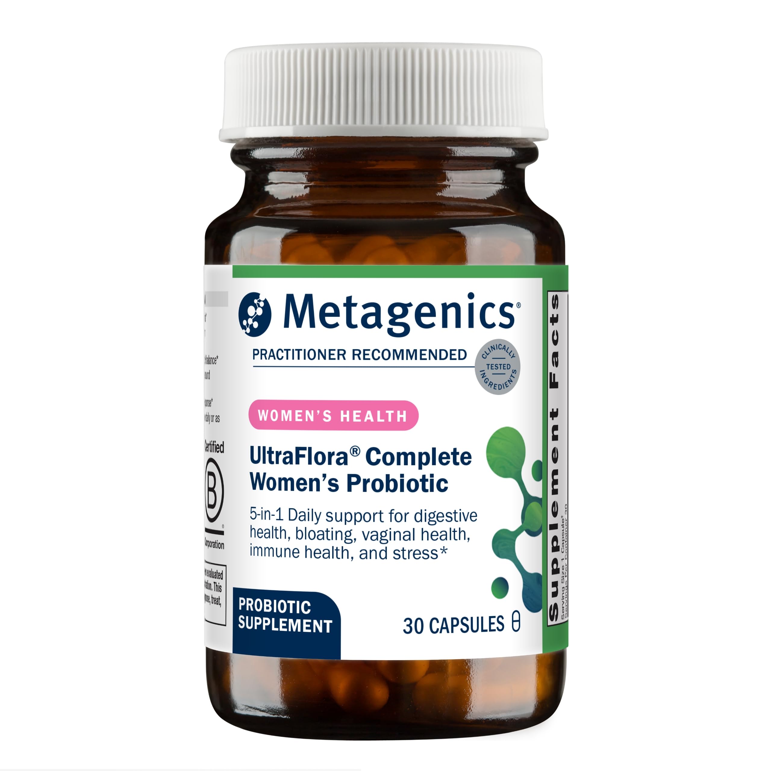 Metagenics UltraFlora Complete Mujer: botella frontal para apoyo digestivo diario.