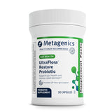 Metagenics UltraFlora Restore: botella de cápsulas para apoyo digestivo diario.