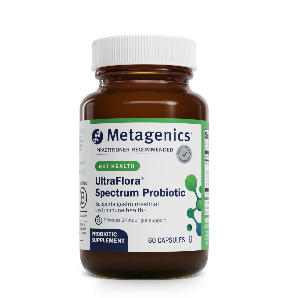 Metagenics UltraFlora Spectrum: botella de cápsulas para uso diario y apoyo digestivo potencial.